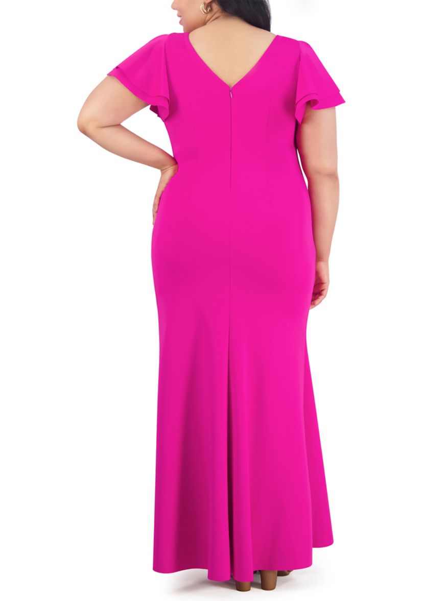 Plus Size Short Ruffle Sleeve Side Ruched Solid Gown