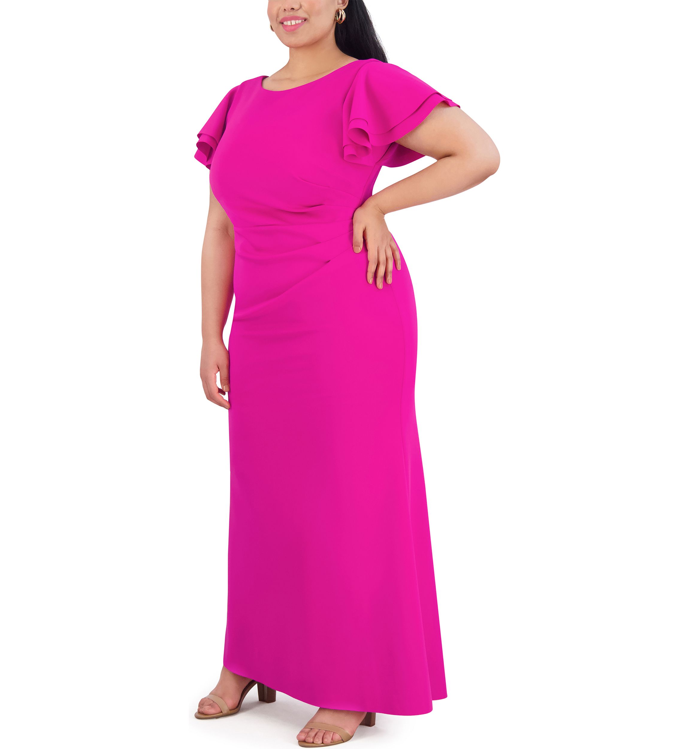 Plus Size Short Ruffle Sleeve Side Ruched Solid Gown