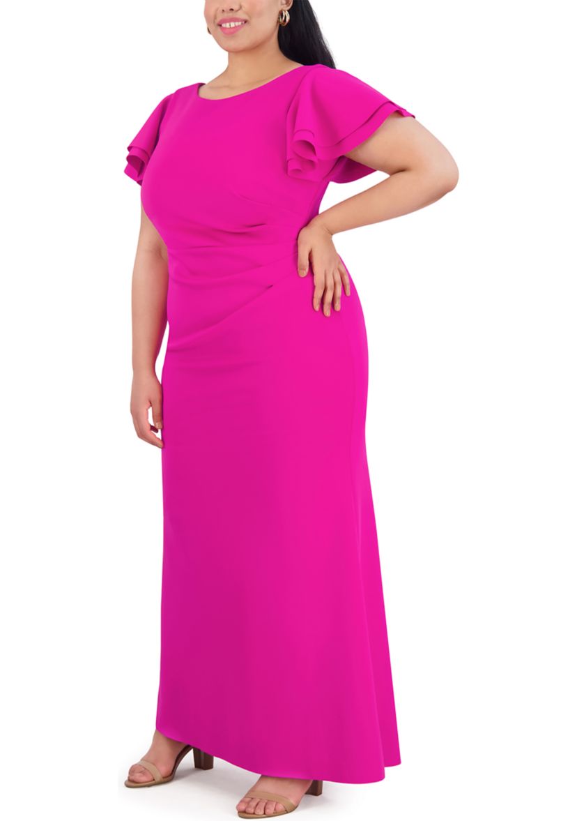 Plus Size Short Ruffle Sleeve Side Ruched Solid Gown