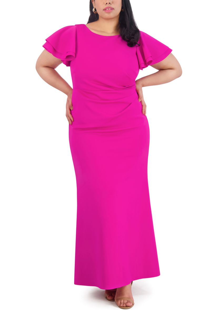 Plus Size Short Ruffle Sleeve Side Ruched Solid Gown