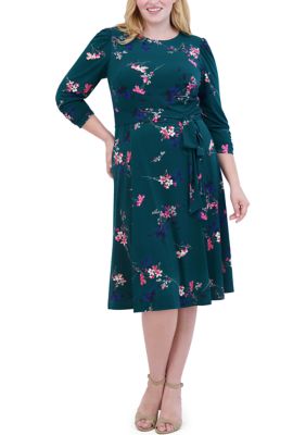 Jessica Howard Women's Plus Size Floral Belted A-Line Dress, Green, 14W