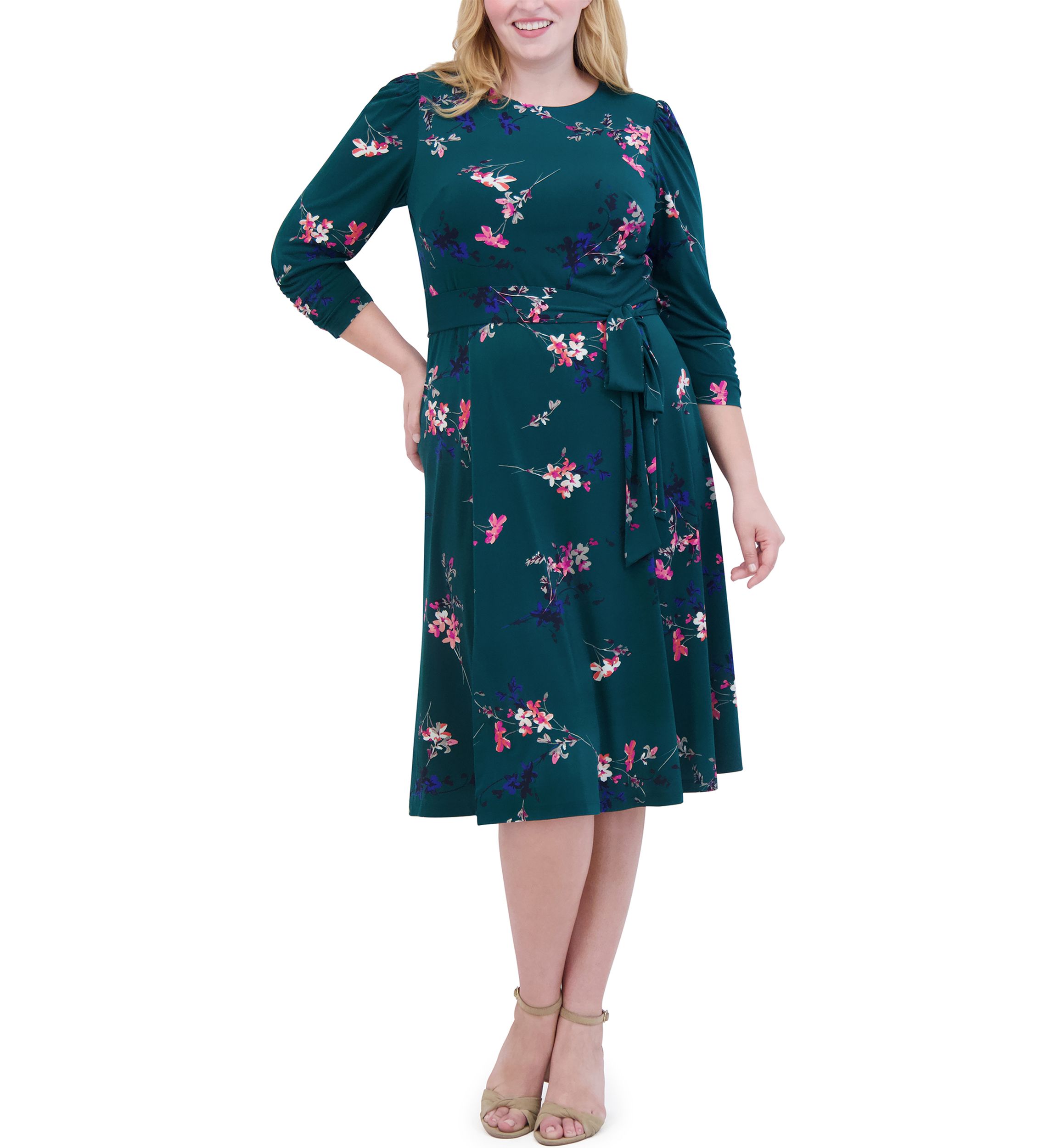 Plus Size Floral Belted A-Line Dress