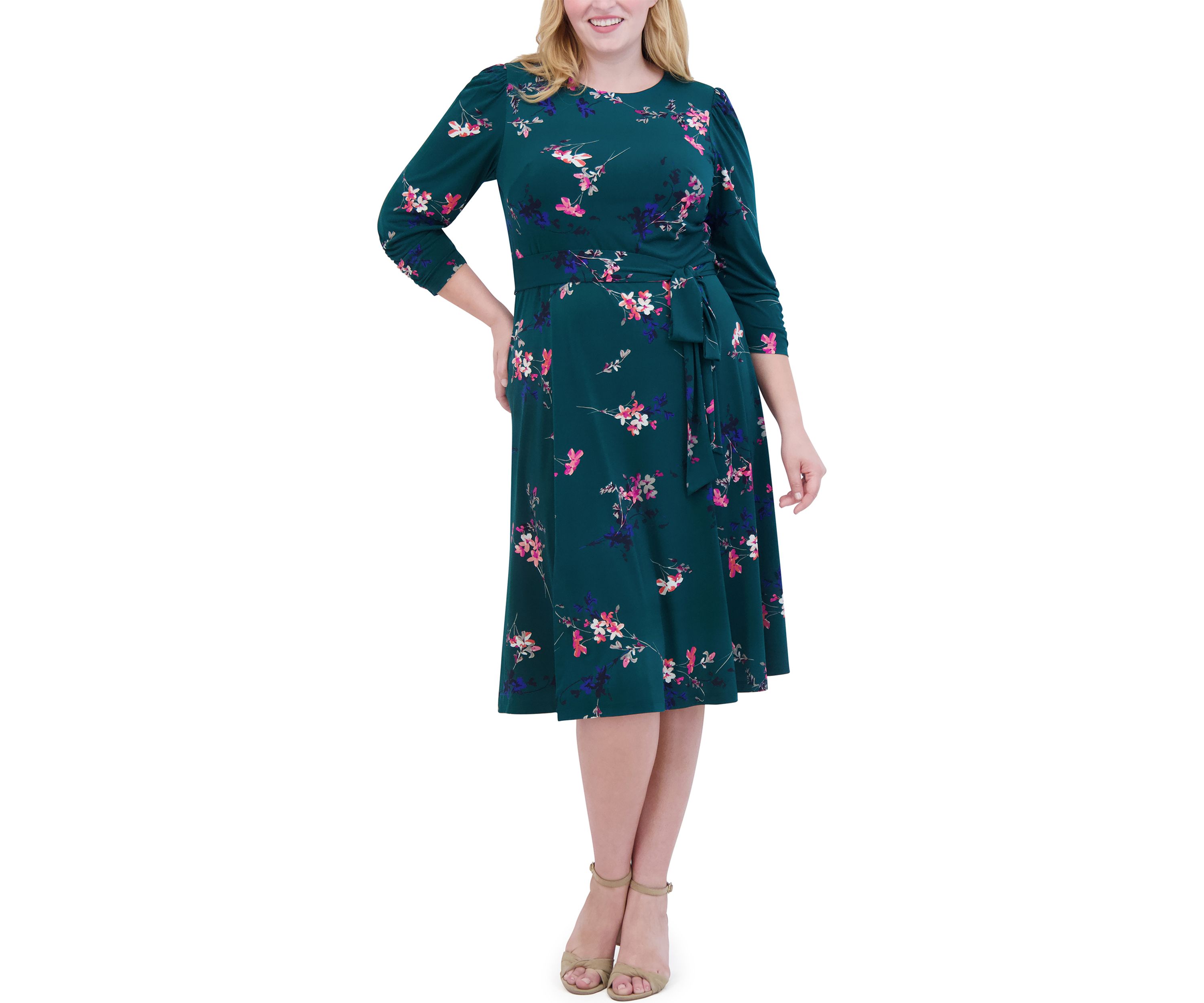Plus Size Floral Belted A-Line Dress