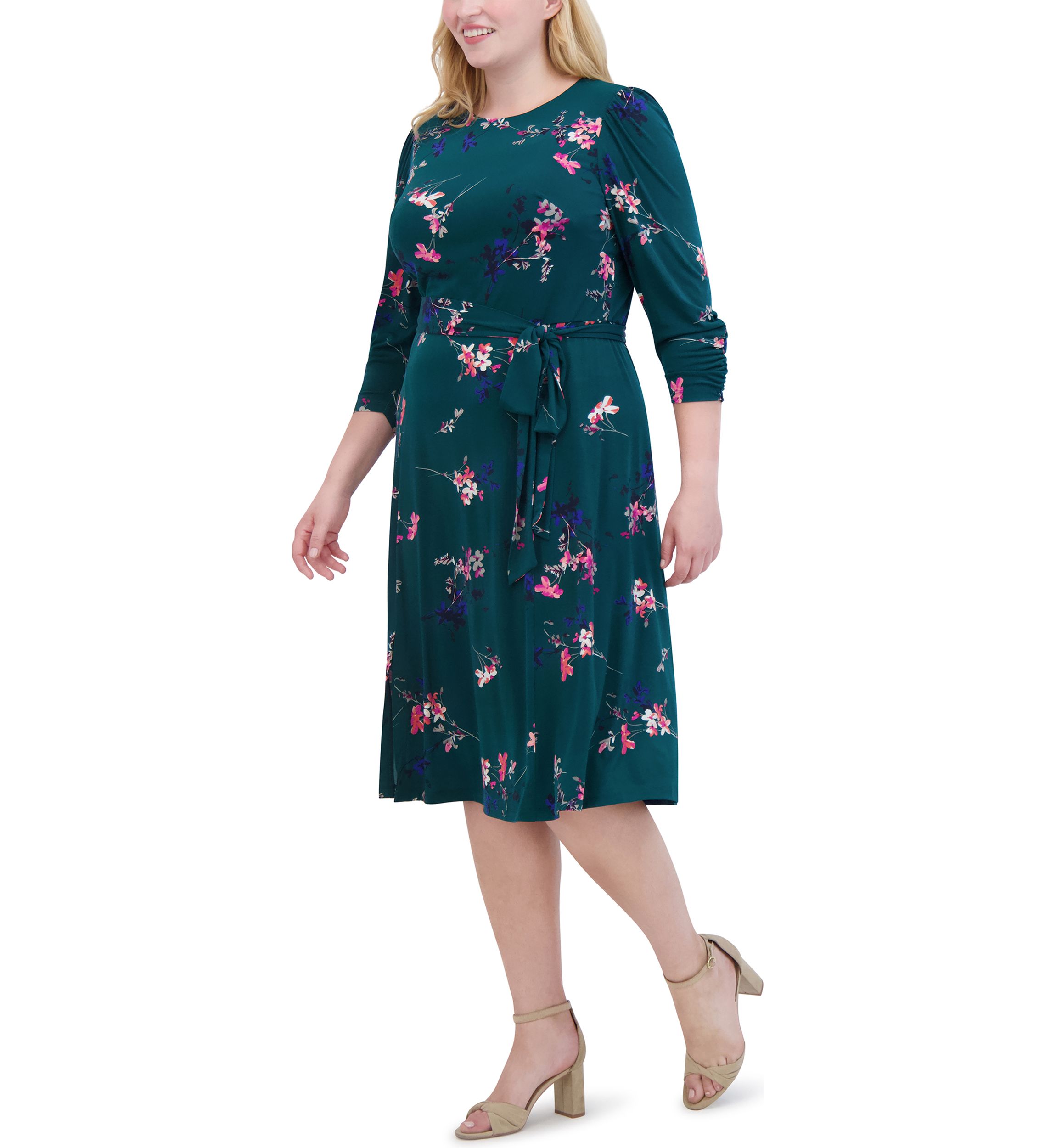 Plus Size Floral Belted A-Line Dress