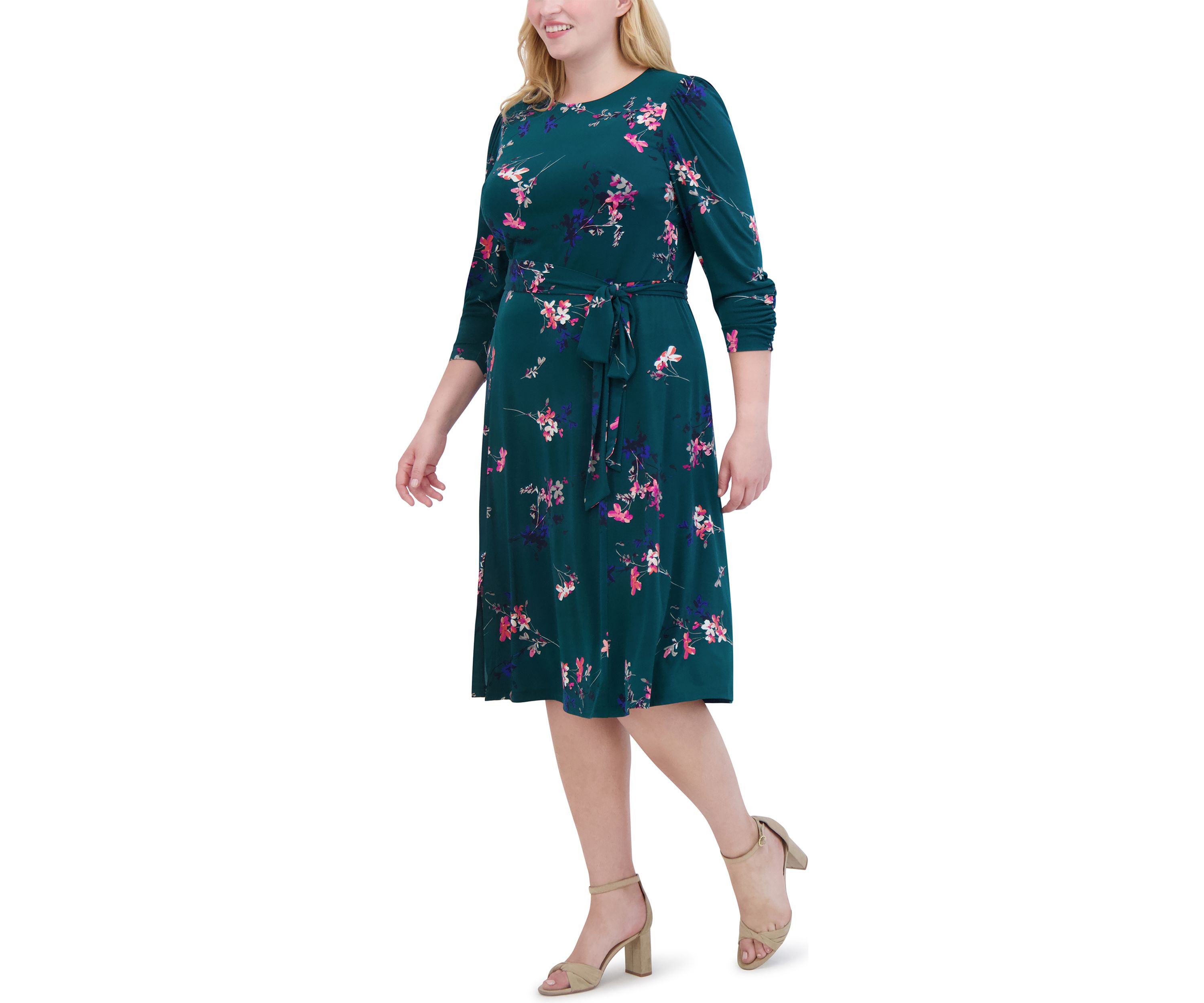 Plus Size Floral Belted A-Line Dress