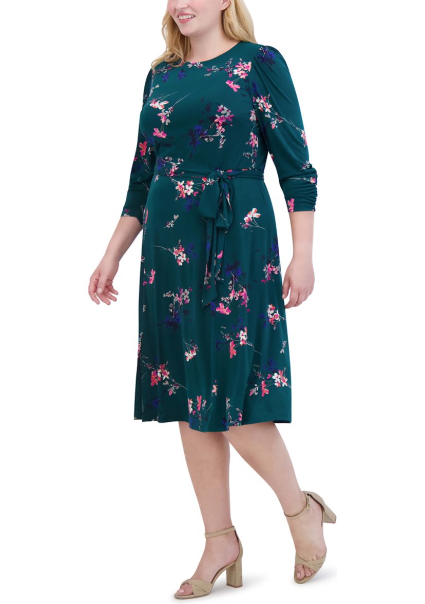 Plus Size Floral Belted A-Line Dress