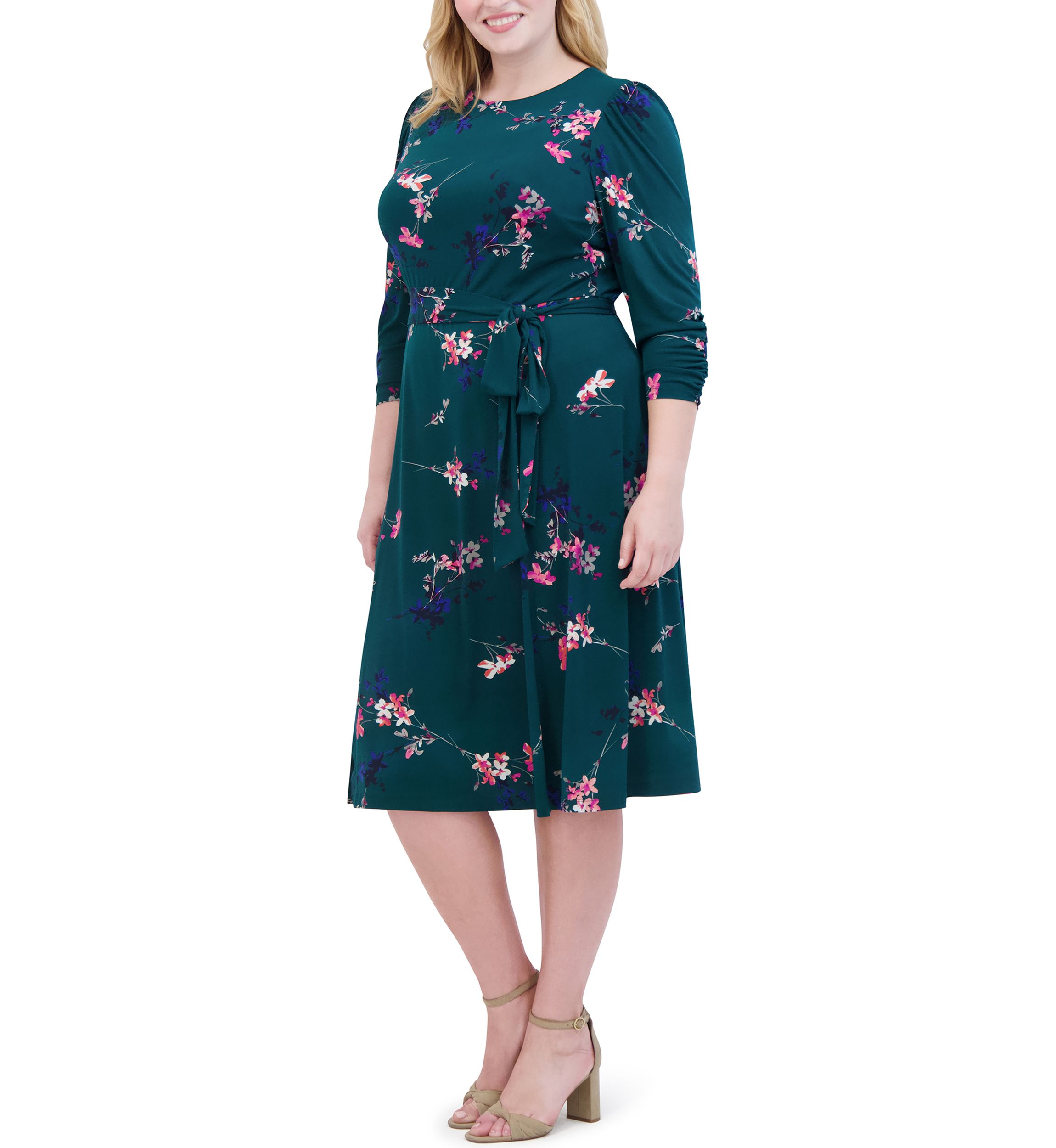 Plus Size Floral Belted A-Line Dress