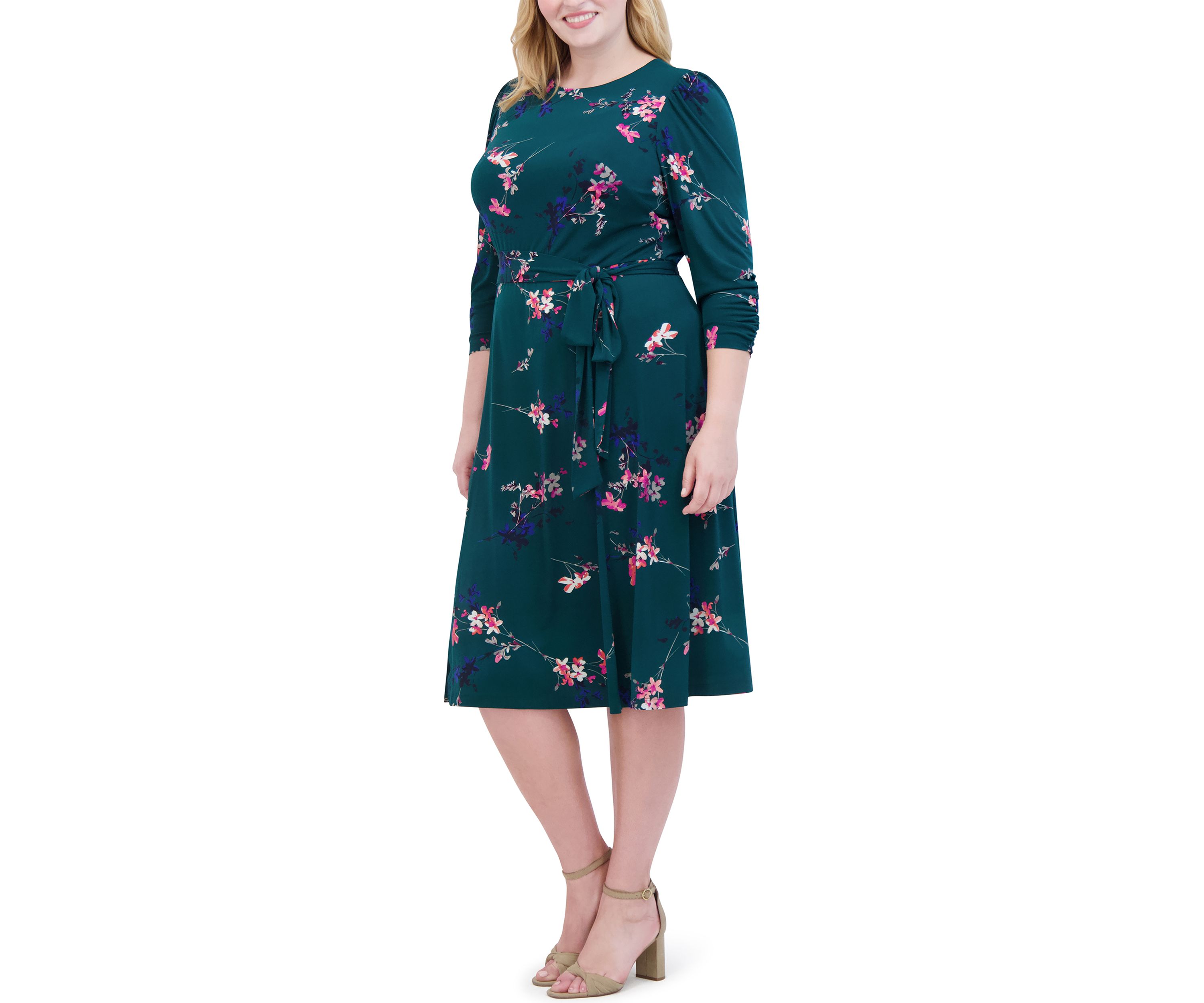 Plus Size Floral Belted A-Line Dress