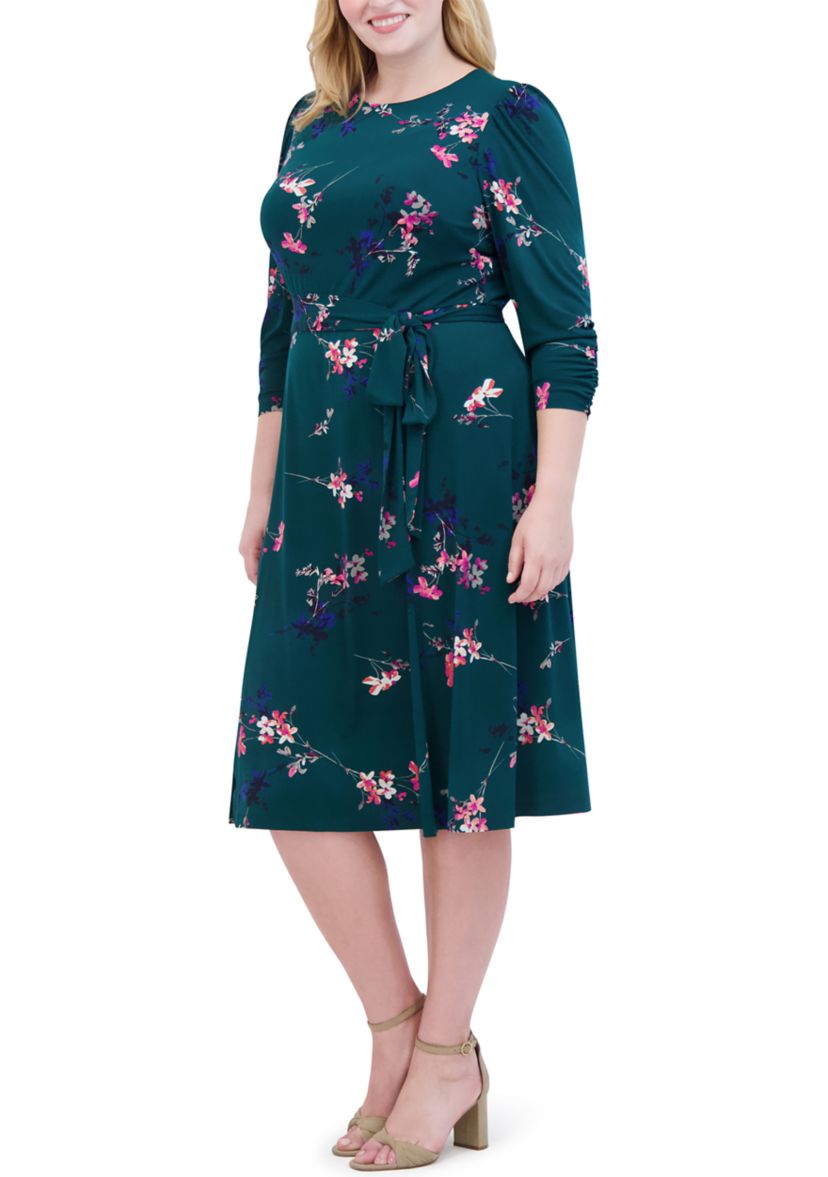 Plus Size Floral Belted A-Line Dress