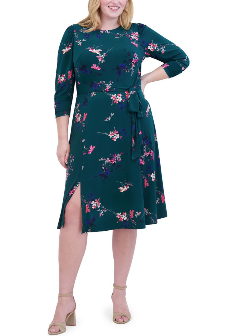 Plus Size Floral Belted A-Line Dress