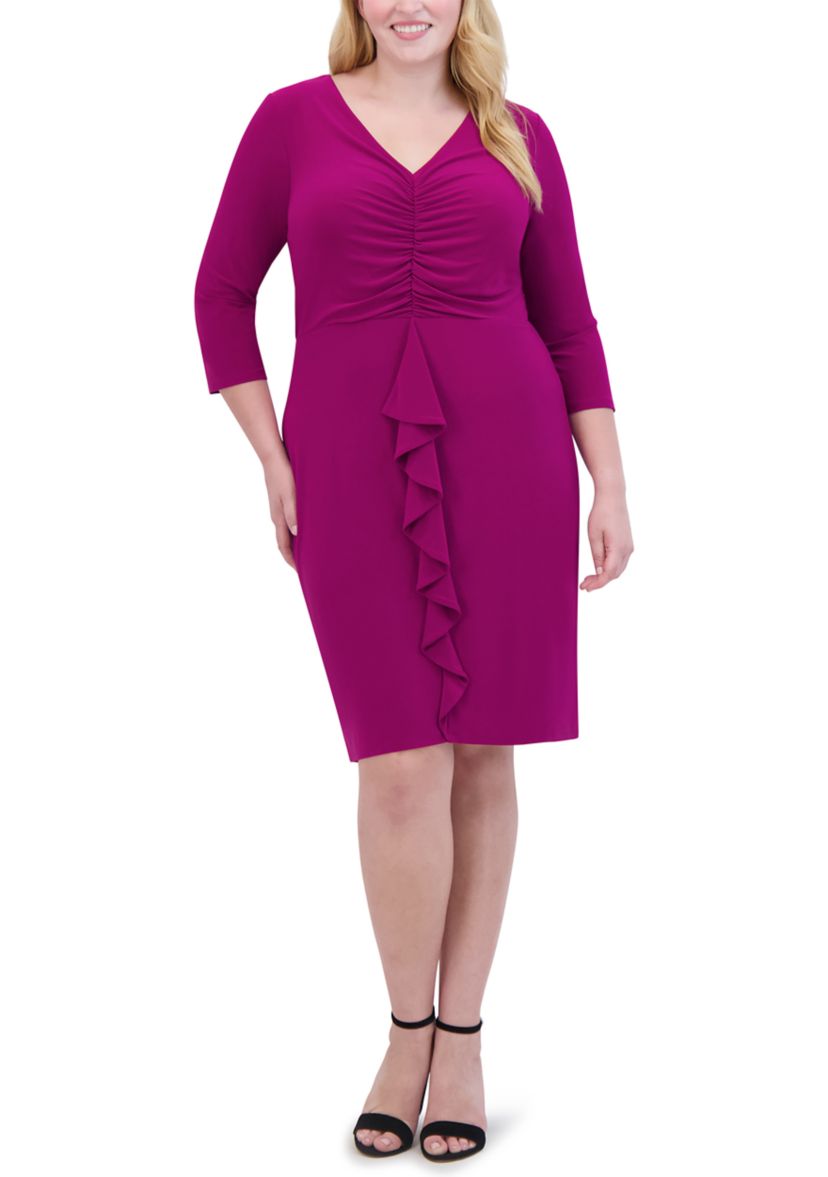 Plus Size V-Neck Solid Ruched Ruffle Detail Sheath Dress