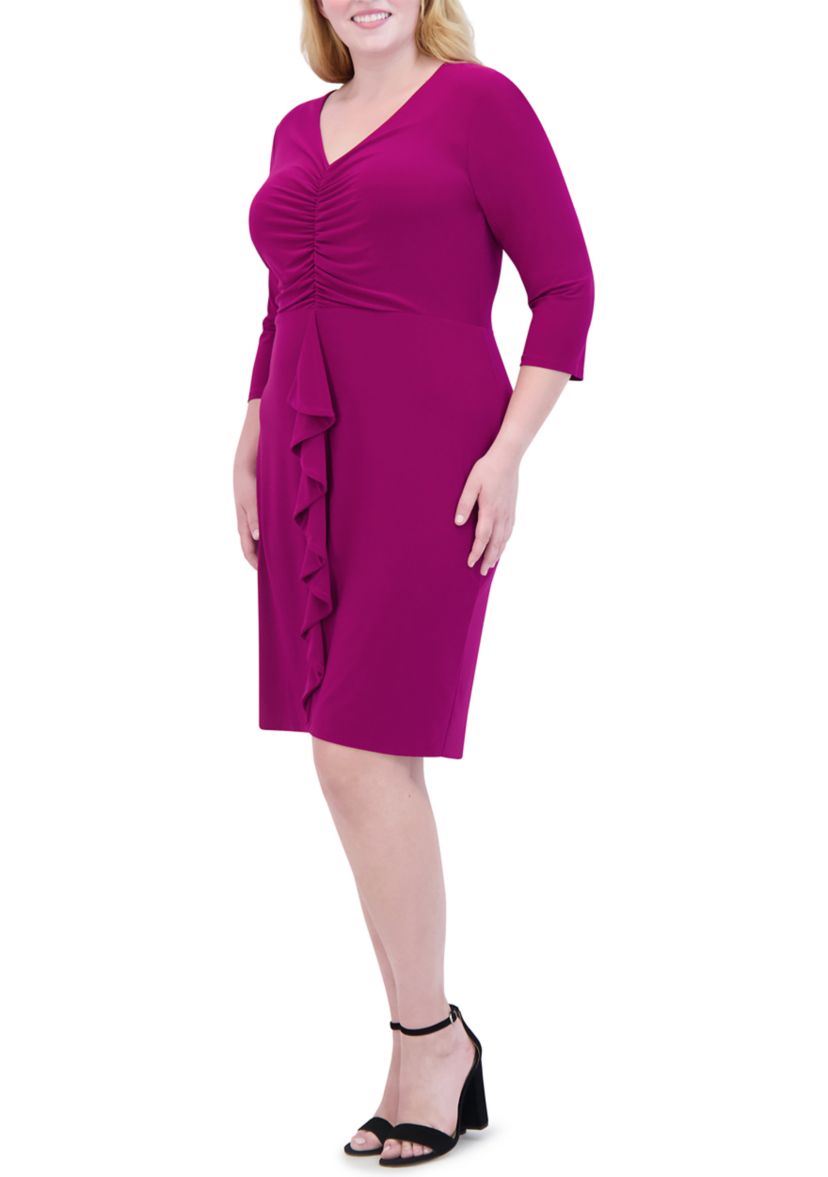 Plus Size V-Neck Solid Ruched Ruffle Detail Sheath Dress