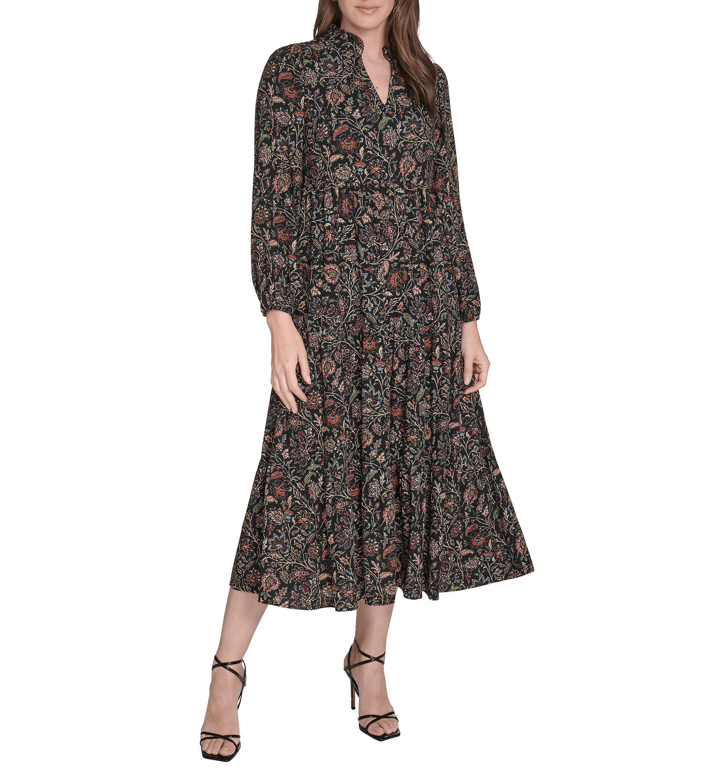Womens Long Sleeve Mock Neck Floral Print Challis Midi Dress