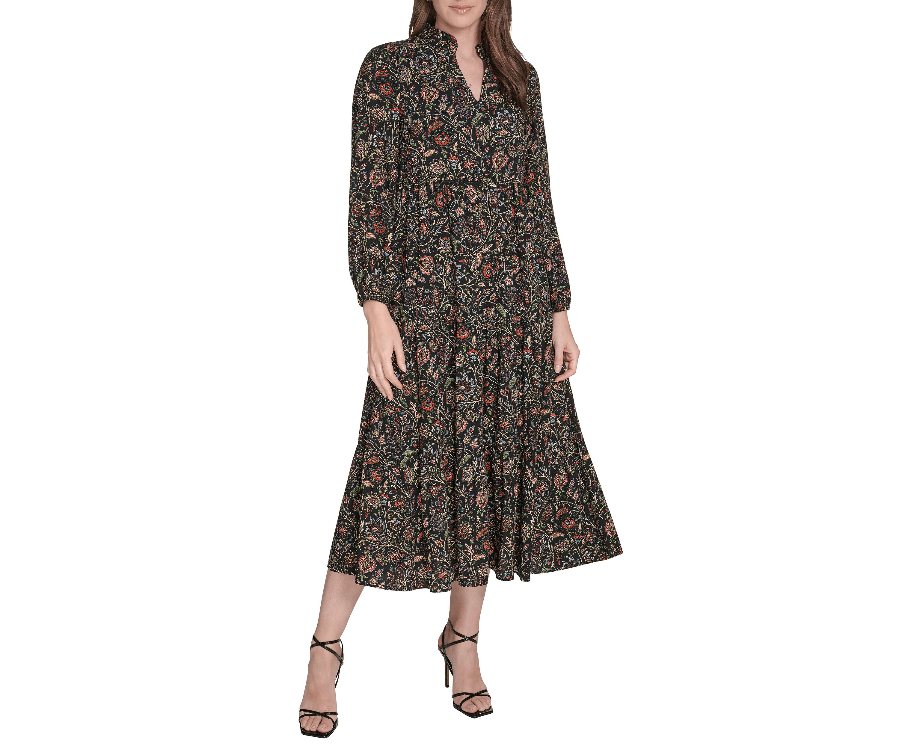 Womens Long Sleeve Mock Neck Floral Print Challis Midi Dress