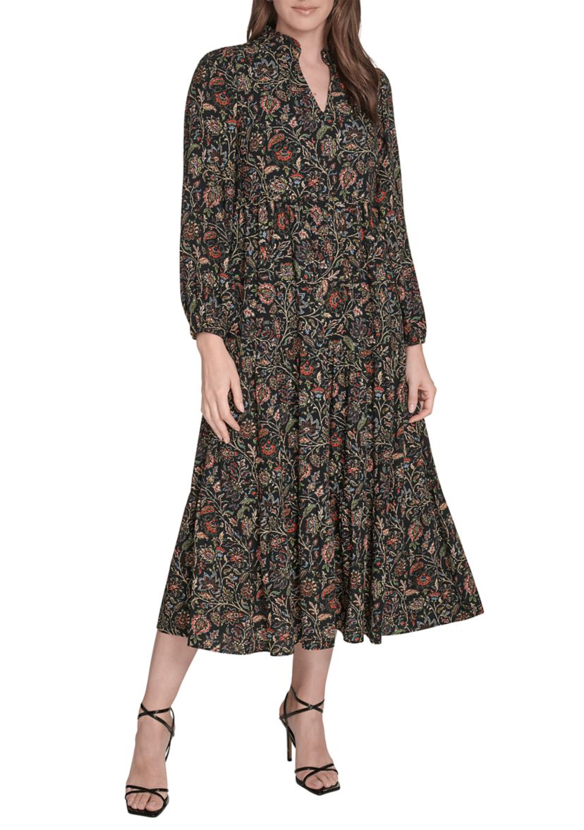 Womens Long Sleeve Mock Neck Floral Print Challis Midi Dress