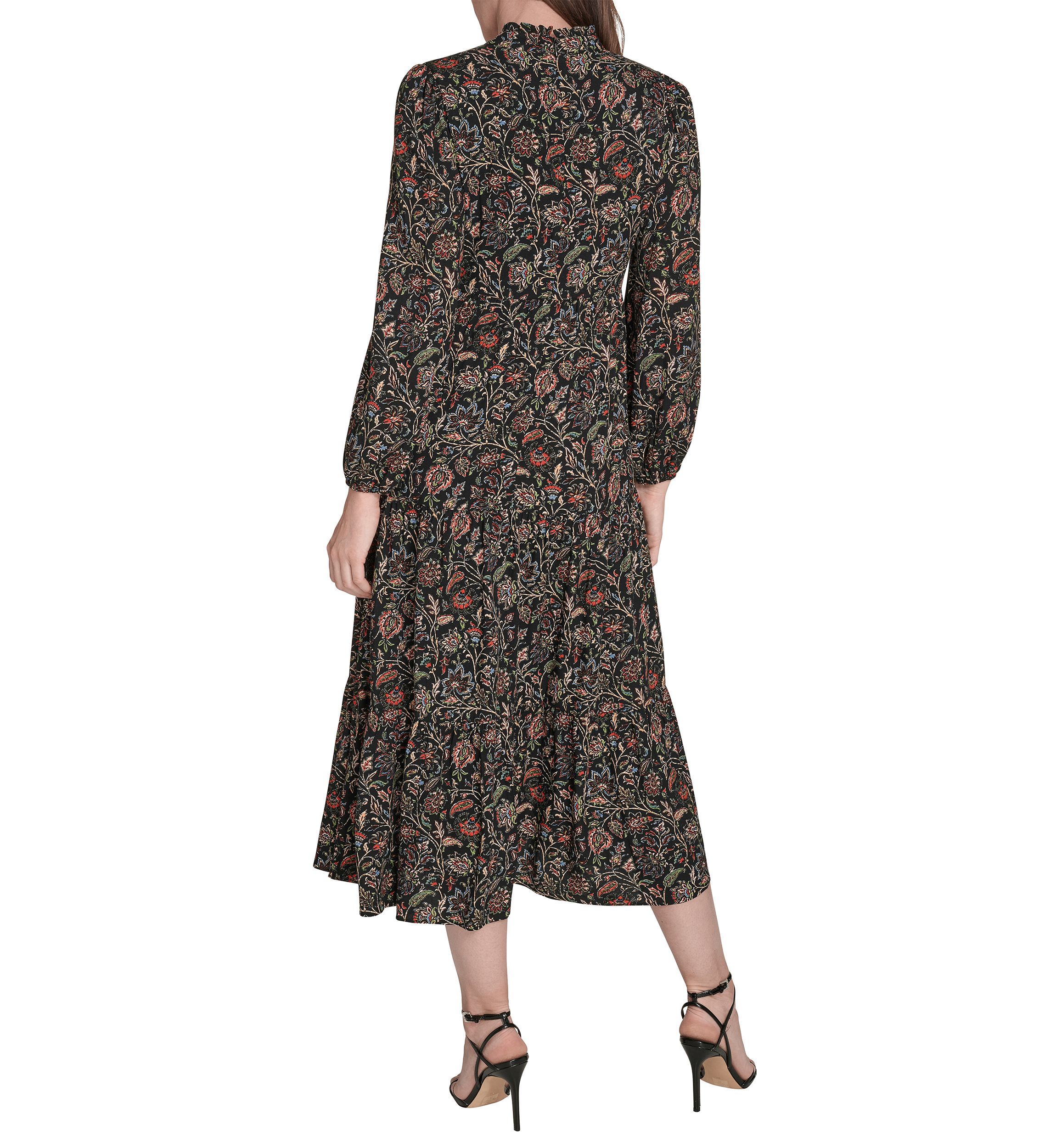 Womens Long Sleeve Mock Neck Floral Print Challis Midi Dress