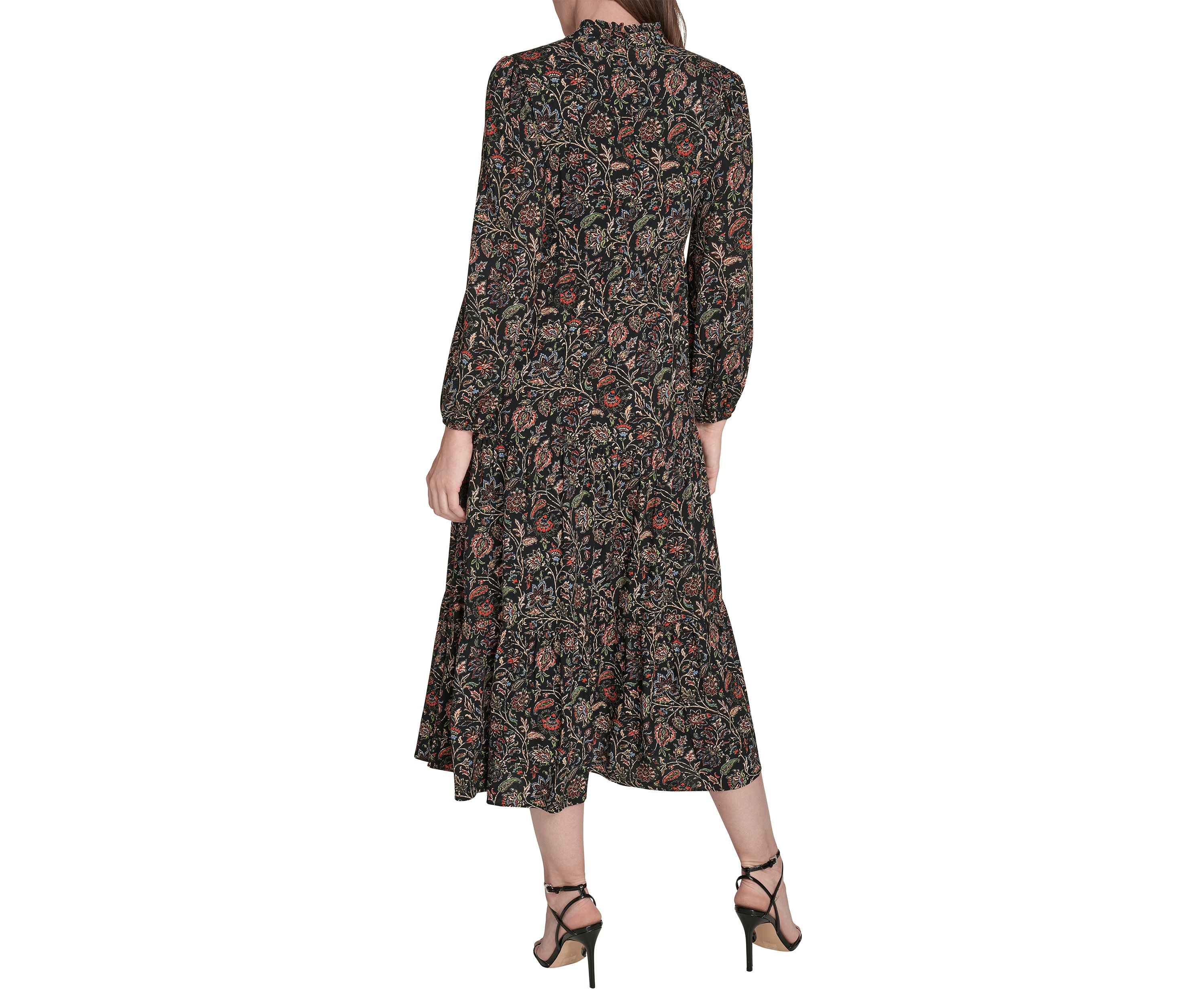 Womens Long Sleeve Mock Neck Floral Print Challis Midi Dress