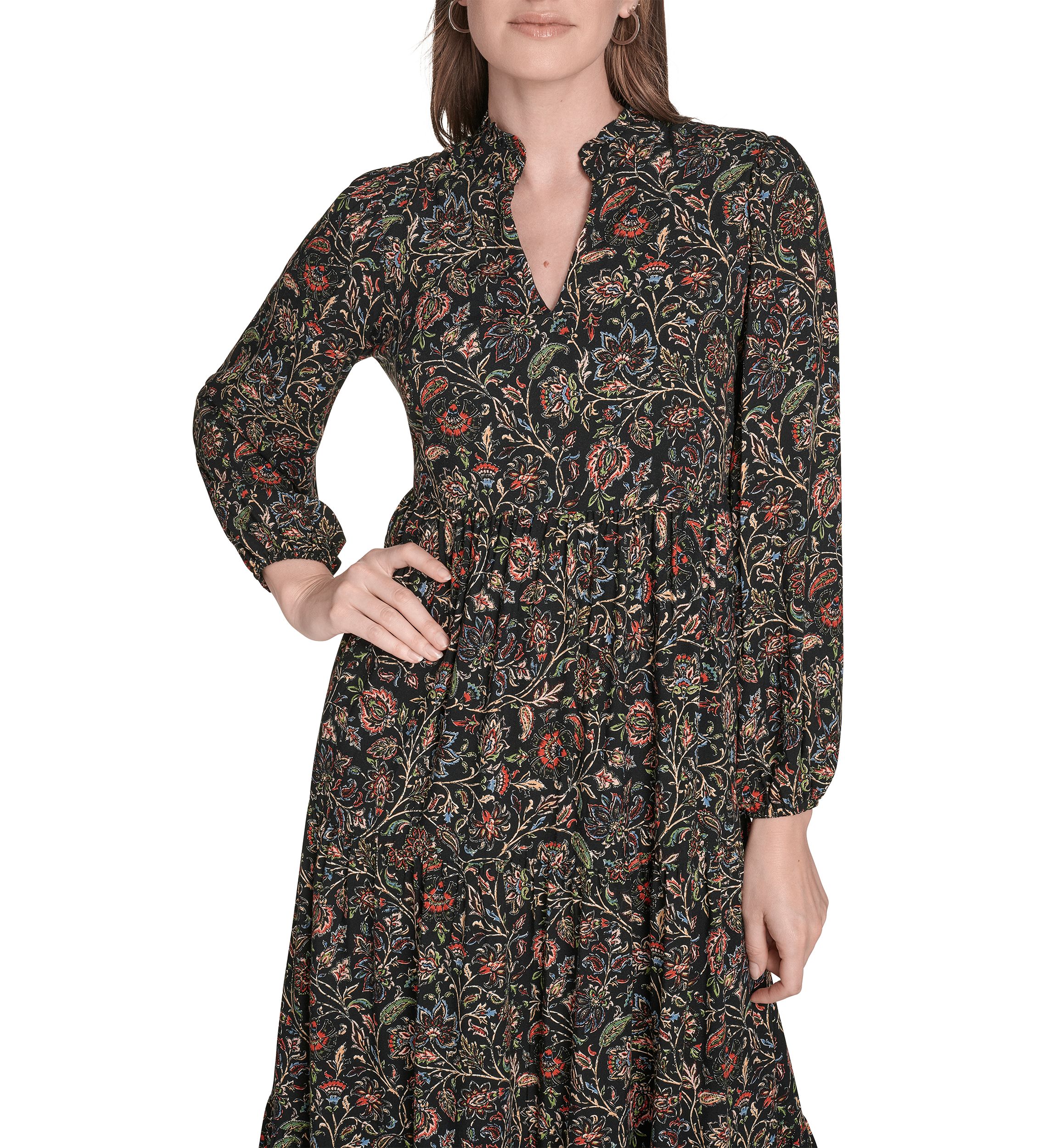 Womens Long Sleeve Mock Neck Floral Print Challis Midi Dress