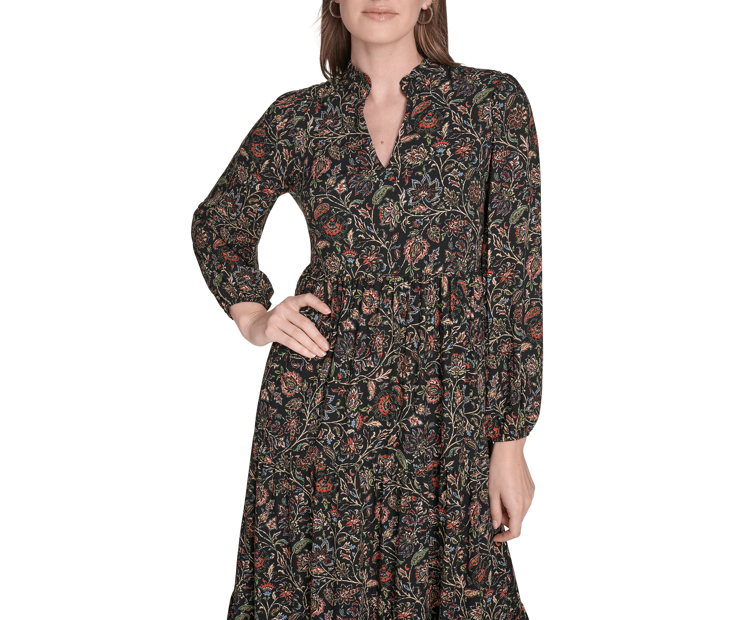 Womens Long Sleeve Mock Neck Floral Print Challis Midi Dress