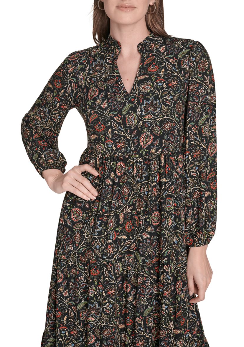 Womens Long Sleeve Mock Neck Floral Print Challis Midi Dress