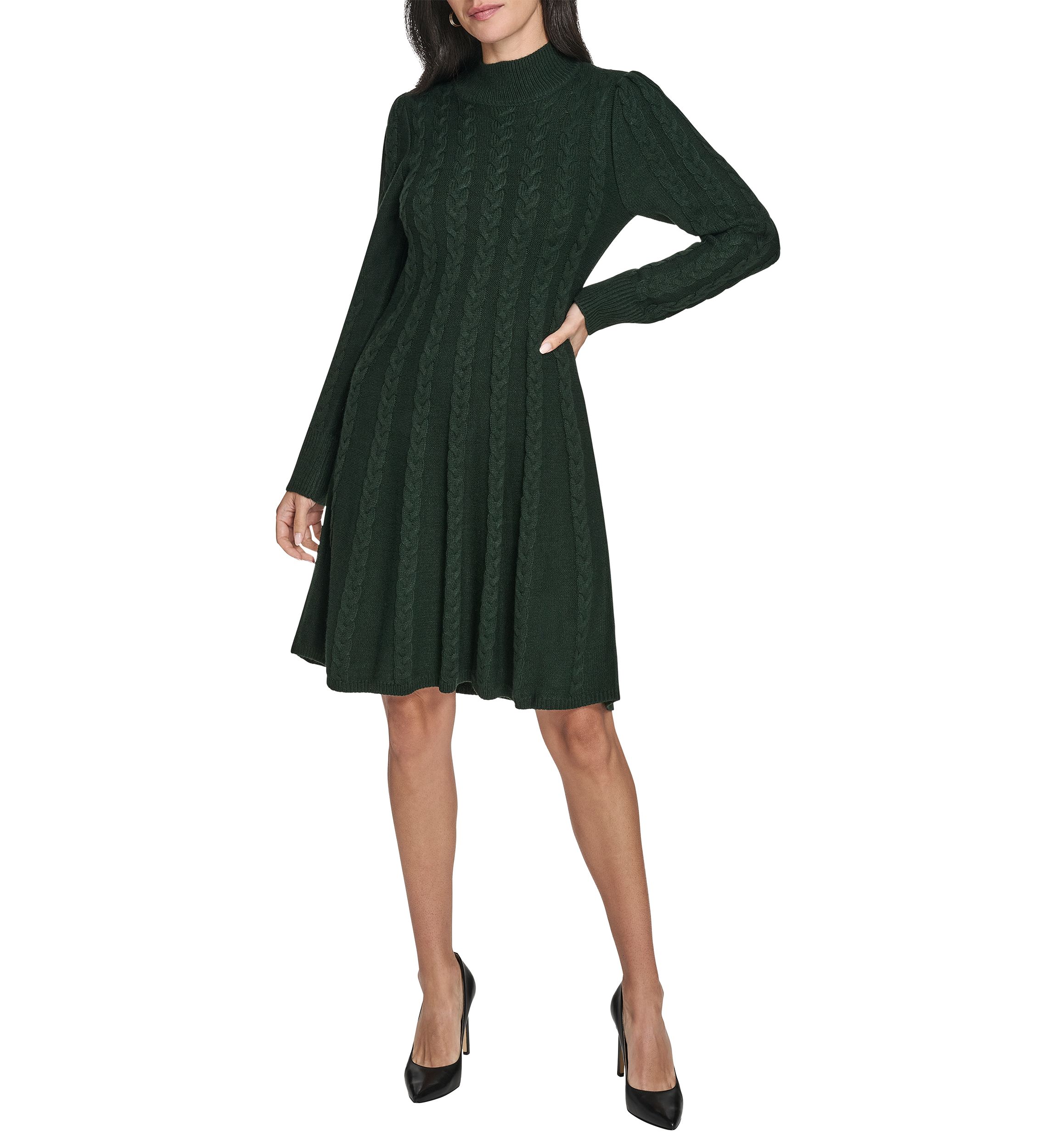 Womens Long Sleeve Mock Neck Solid A-Line Sweater Dress