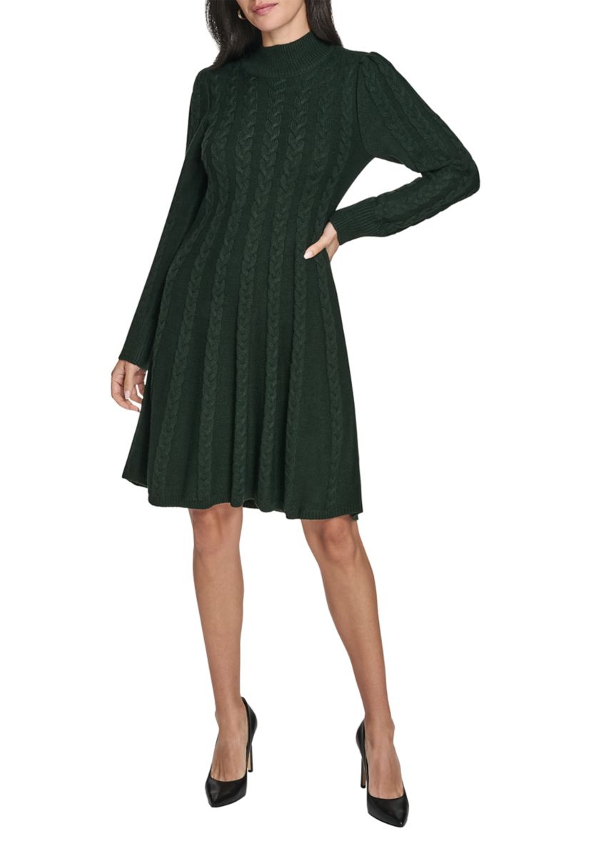 Womens Long Sleeve Mock Neck Solid A-Line Sweater Dress