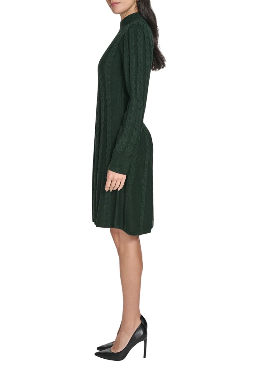 Womens Long Sleeve Mock Neck Solid A-Line Sweater Dress