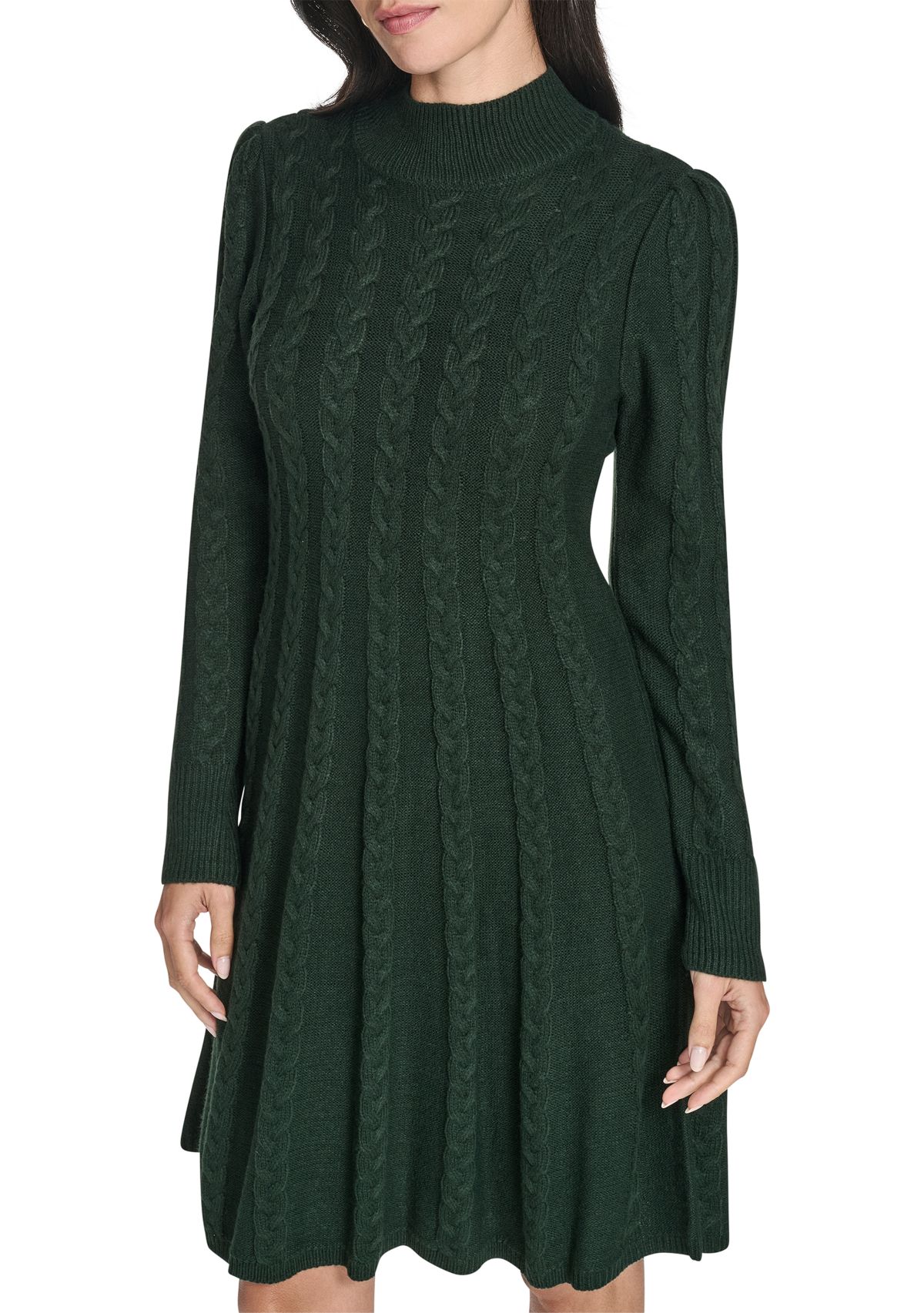 Womens Long Sleeve Mock Neck Solid A-Line Sweater Dress