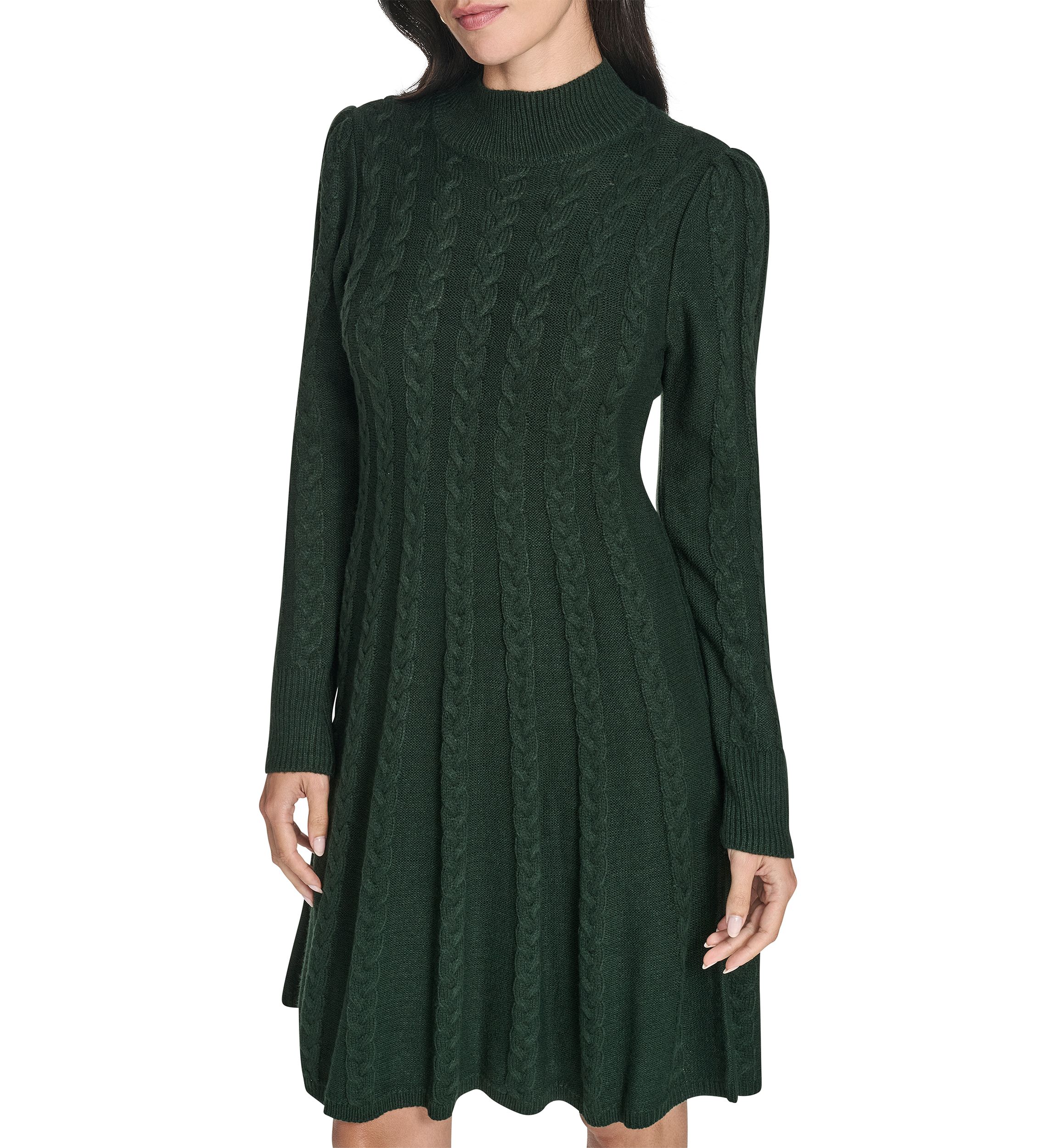 Womens Long Sleeve Mock Neck Solid A-Line Sweater Dress