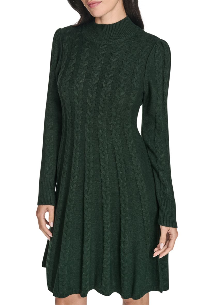 Womens Long Sleeve Mock Neck Solid A-Line Sweater Dress