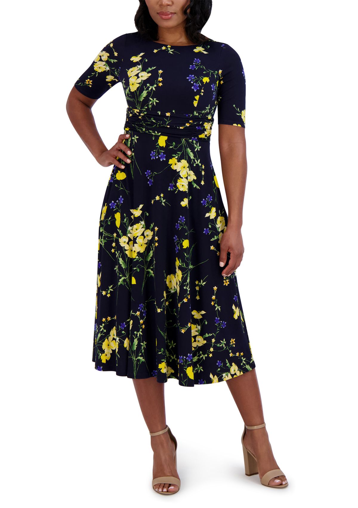 Womens Short Sleeve Boat Neck Floral Print Dress