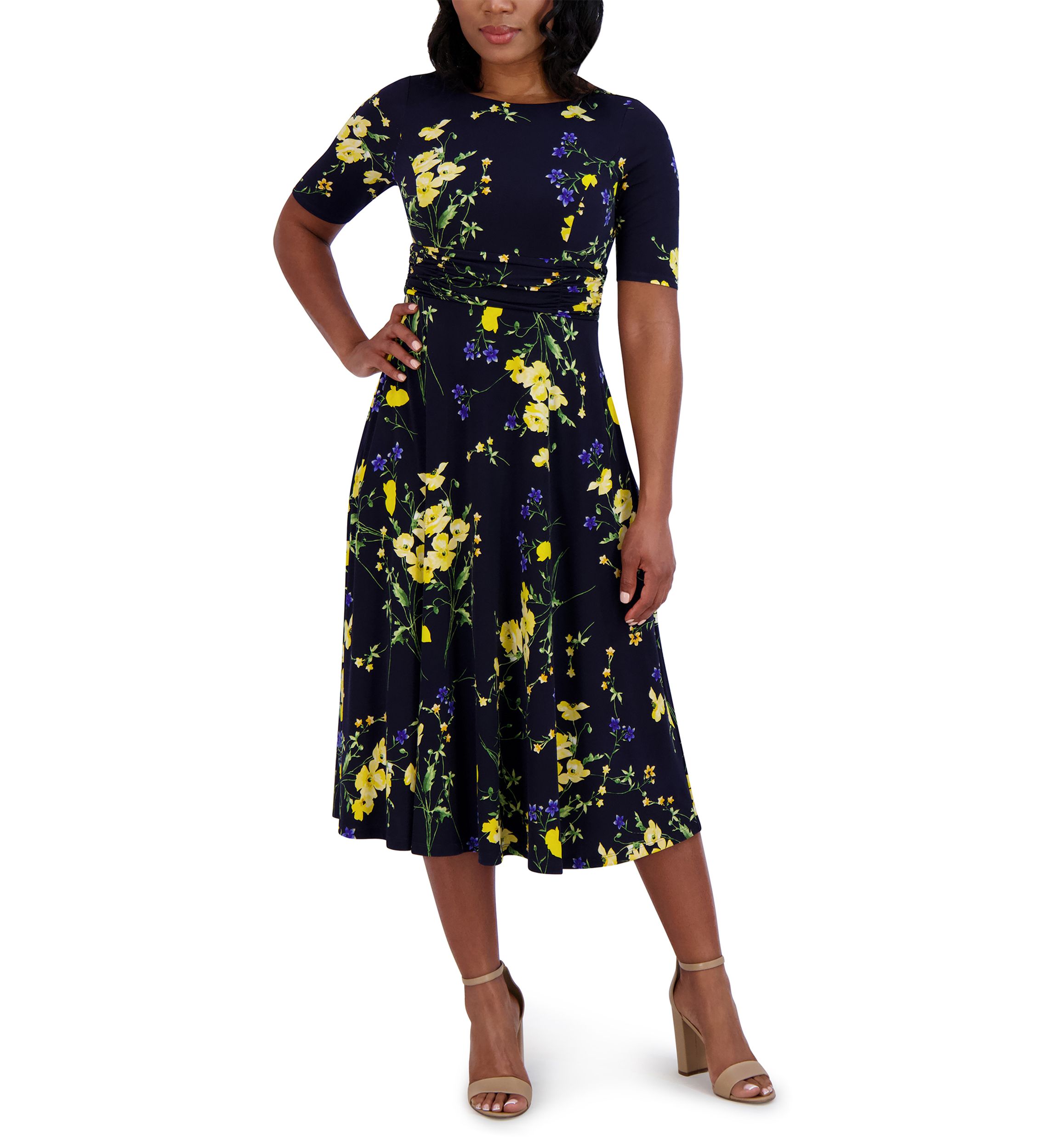 Womens Short Sleeve Boat Neck Floral Print Dress