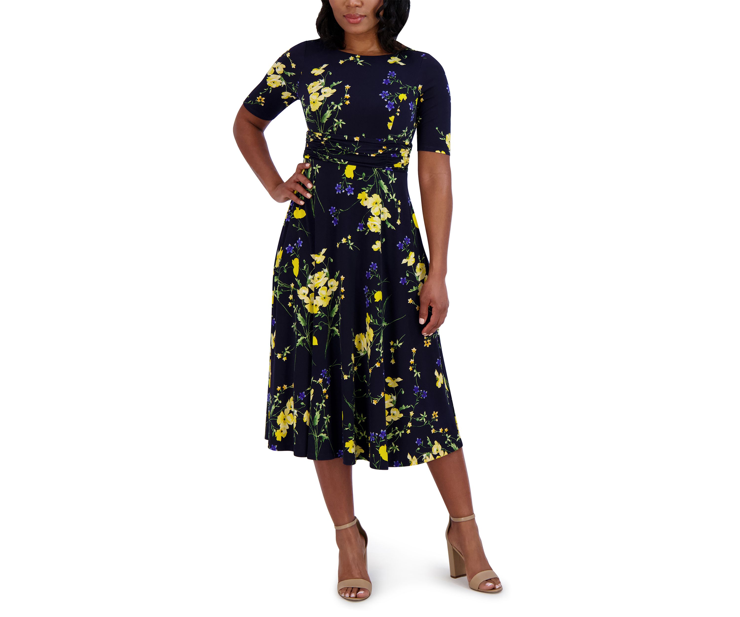Womens Short Sleeve Boat Neck Floral Print Dress