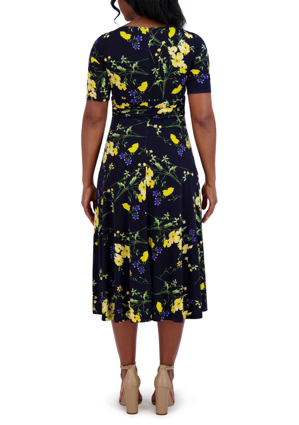 Womens Short Sleeve Boat Neck Floral Print Dress