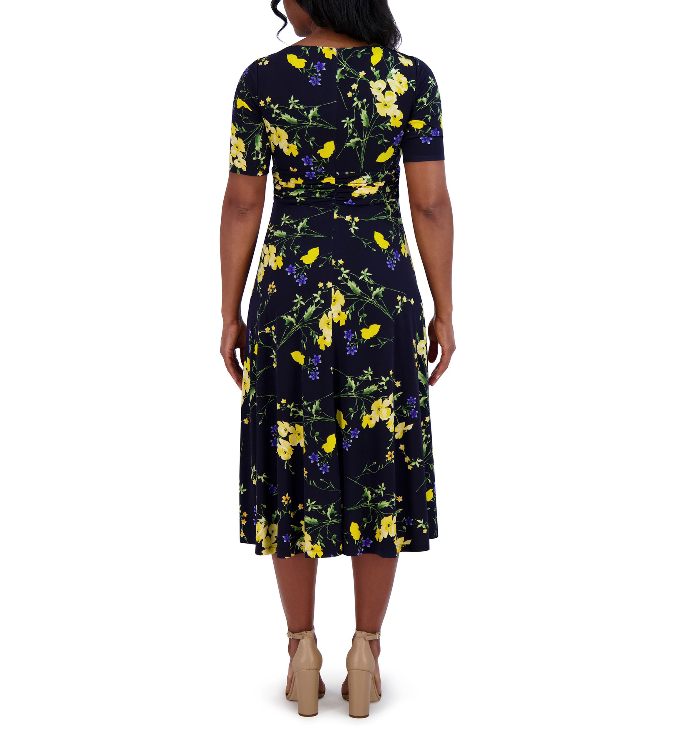 Womens Short Sleeve Boat Neck Floral Print Dress