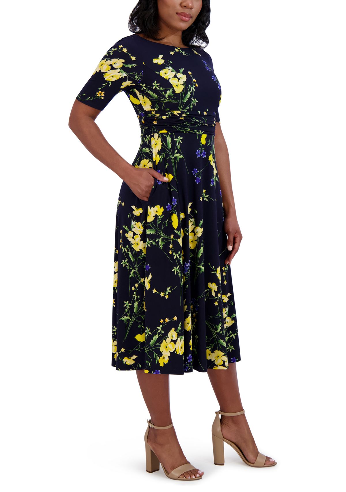 Womens Short Sleeve Boat Neck Floral Print Dress
