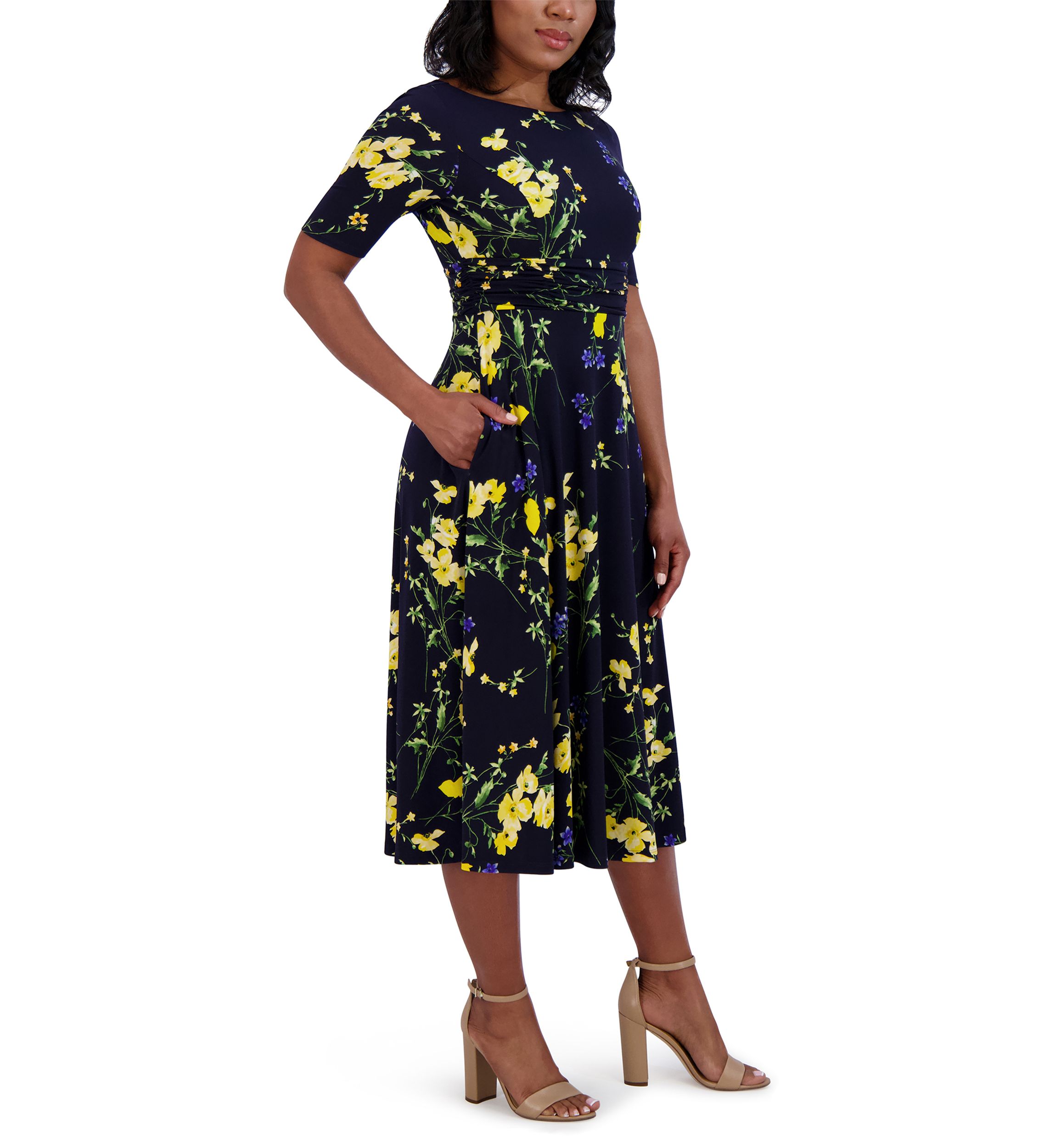 Womens Short Sleeve Boat Neck Floral Print Dress