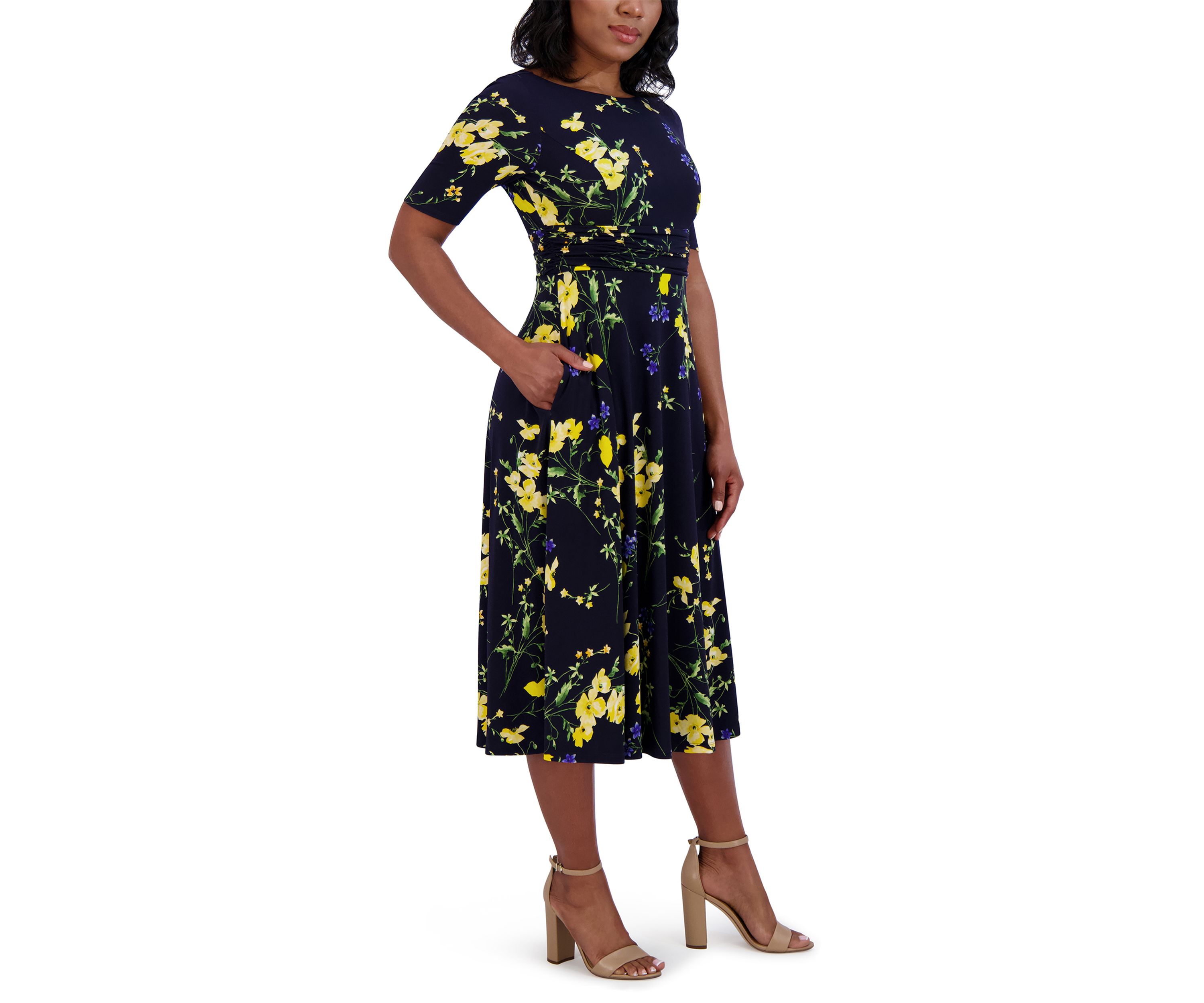 Womens Short Sleeve Boat Neck Floral Print Dress