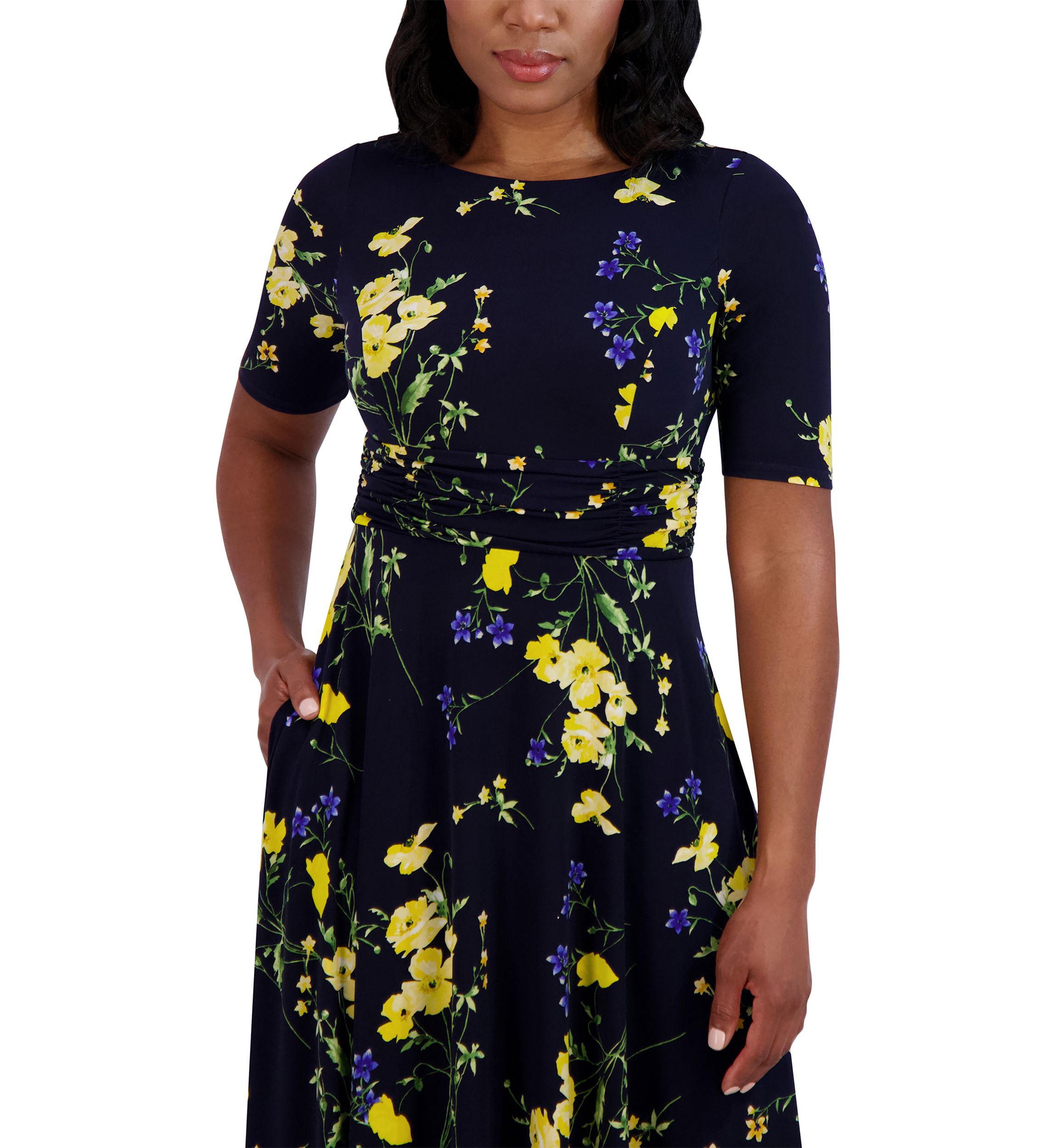 Womens Short Sleeve Boat Neck Floral Print Dress