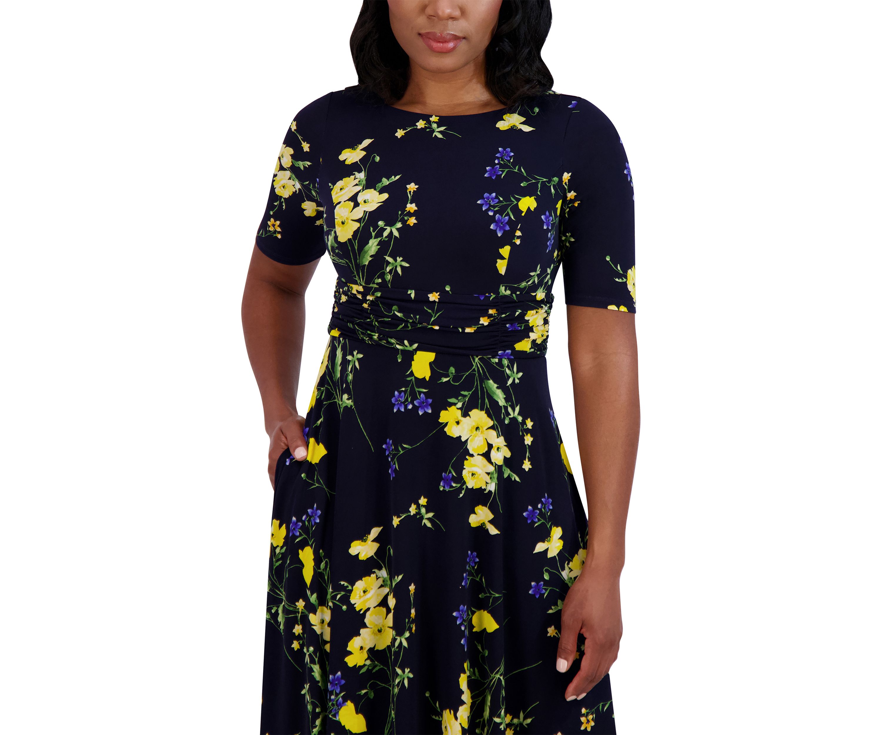 Womens Short Sleeve Boat Neck Floral Print Dress