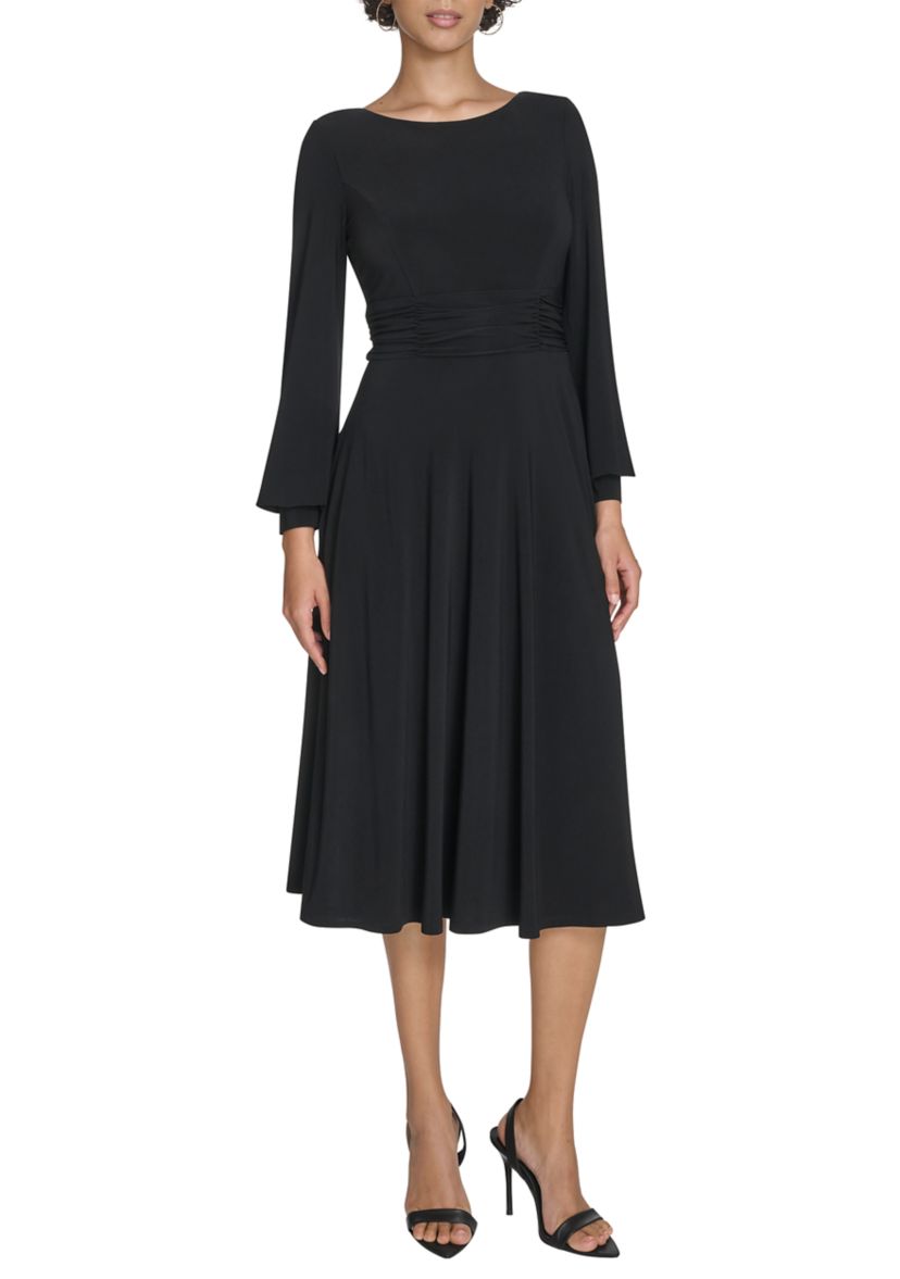 Womens Boat Neck Solid A-Line Dress