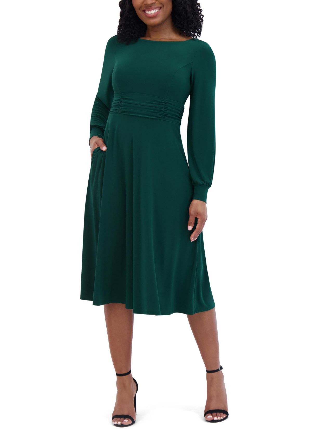 Womens Boat Neck Solid A-Line Dress