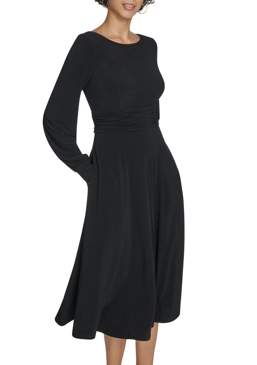 Womens Boat Neck Solid A-Line Dress