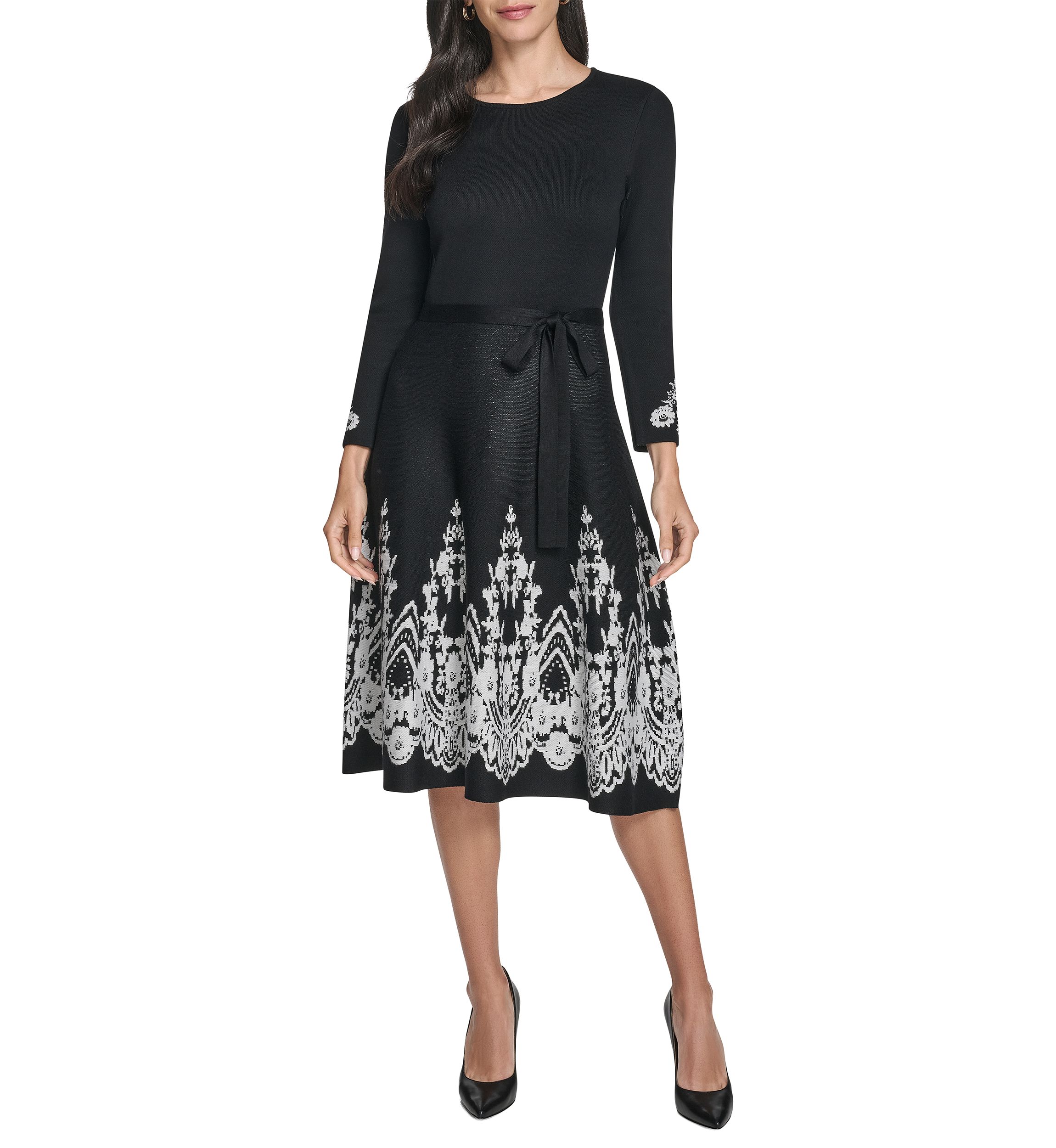 Womens 3/4 Sleeve Border Print A-Line Sweater Dress