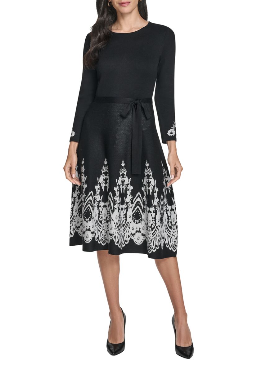 Womens 3/4 Sleeve Border Print A-Line Sweater Dress