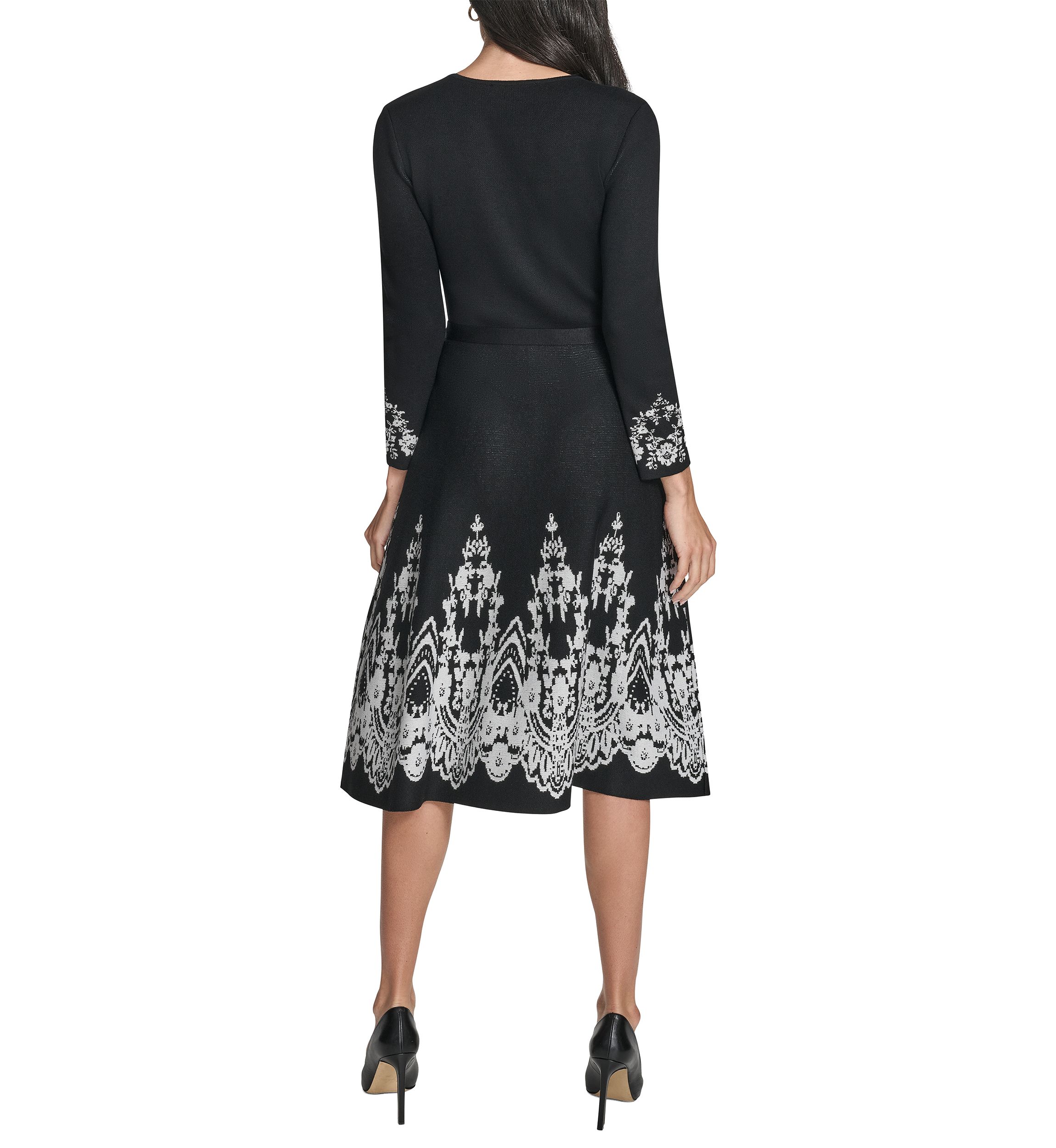Womens 3/4 Sleeve Border Print A-Line Sweater Dress