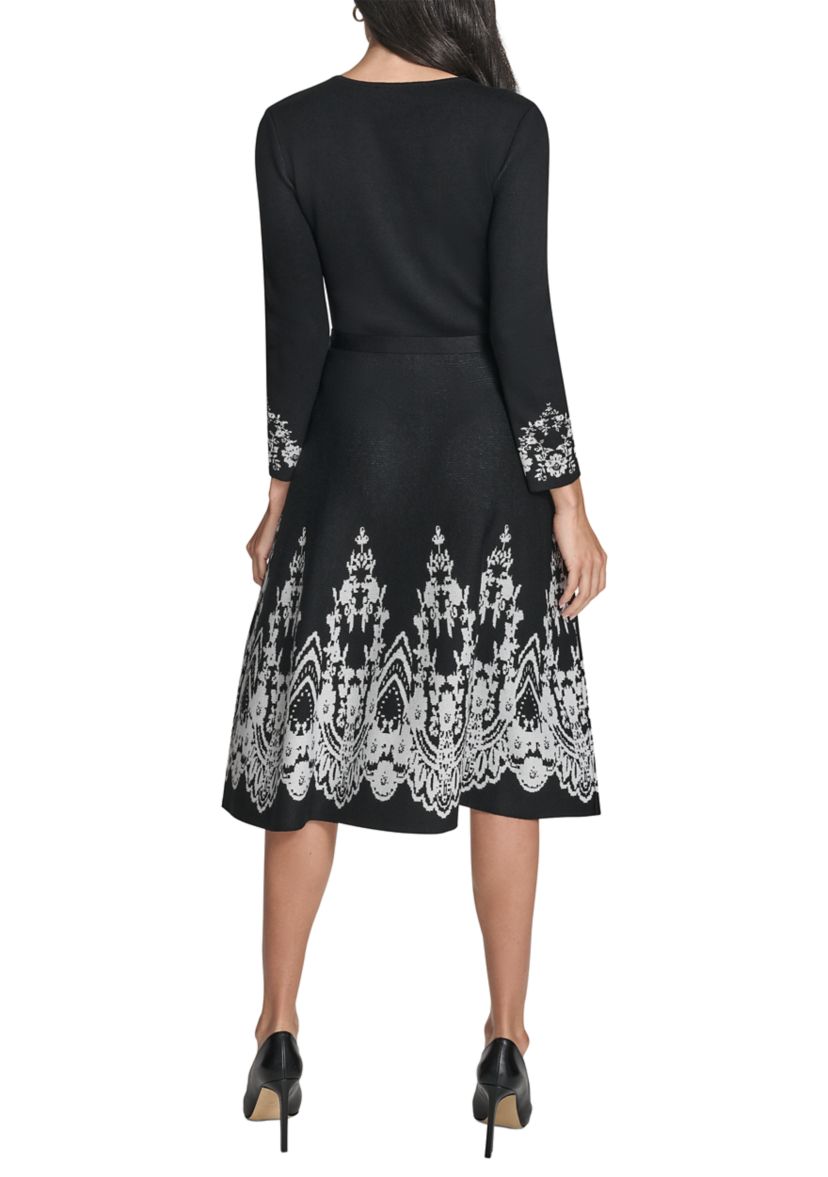 Womens 3/4 Sleeve Border Print A-Line Sweater Dress