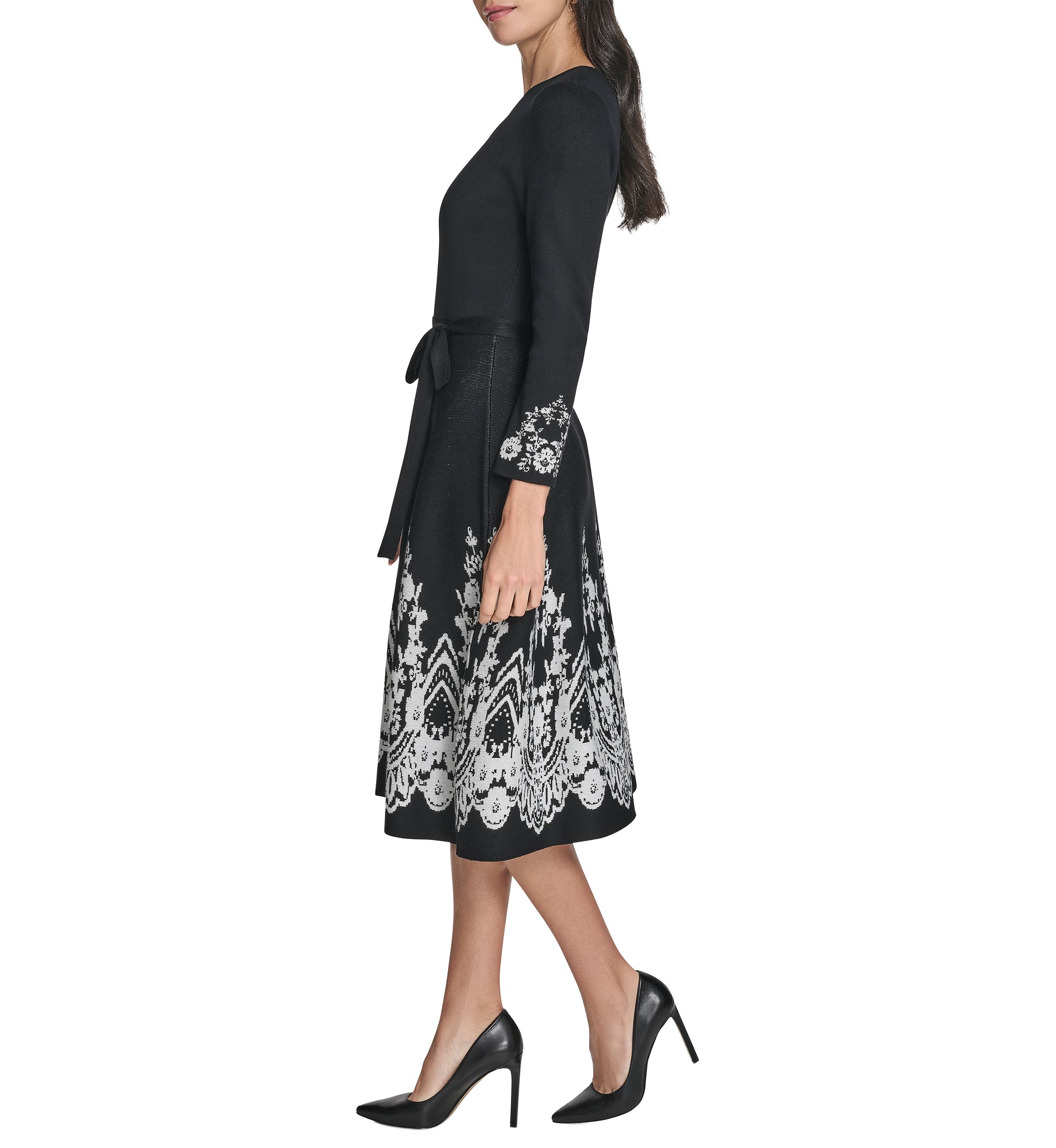 Womens 3/4 Sleeve Border Print A-Line Sweater Dress