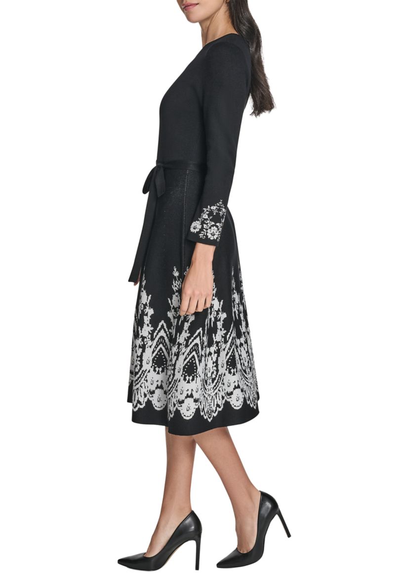 Womens 3/4 Sleeve Border Print A-Line Sweater Dress