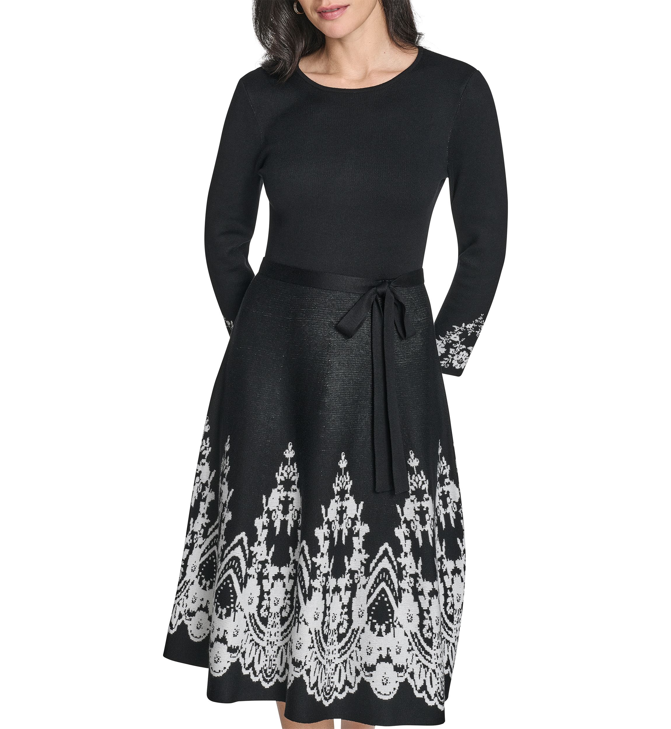Womens 3/4 Sleeve Border Print A-Line Sweater Dress